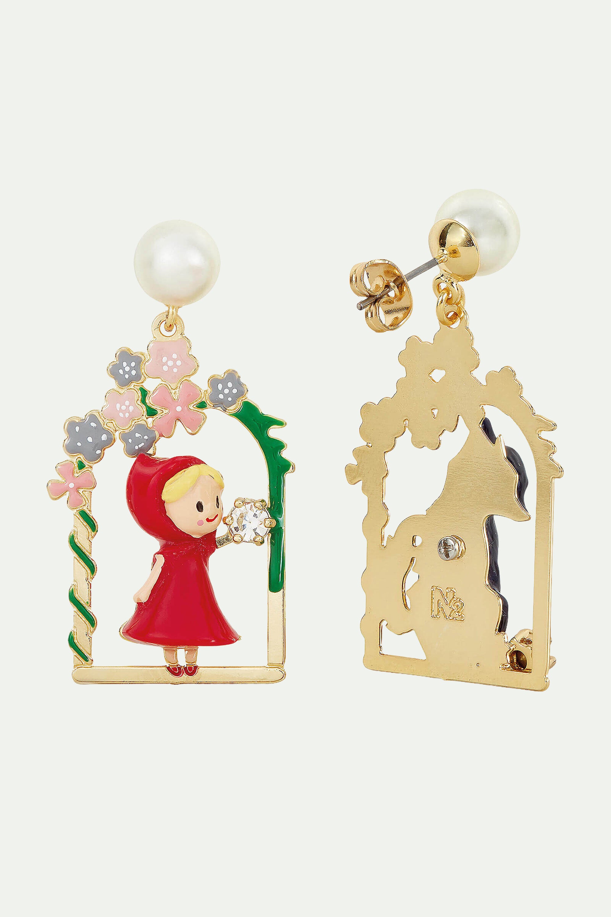 Pearl, Little Red Riding Hood and Big Bad Wolf clip-on earrings