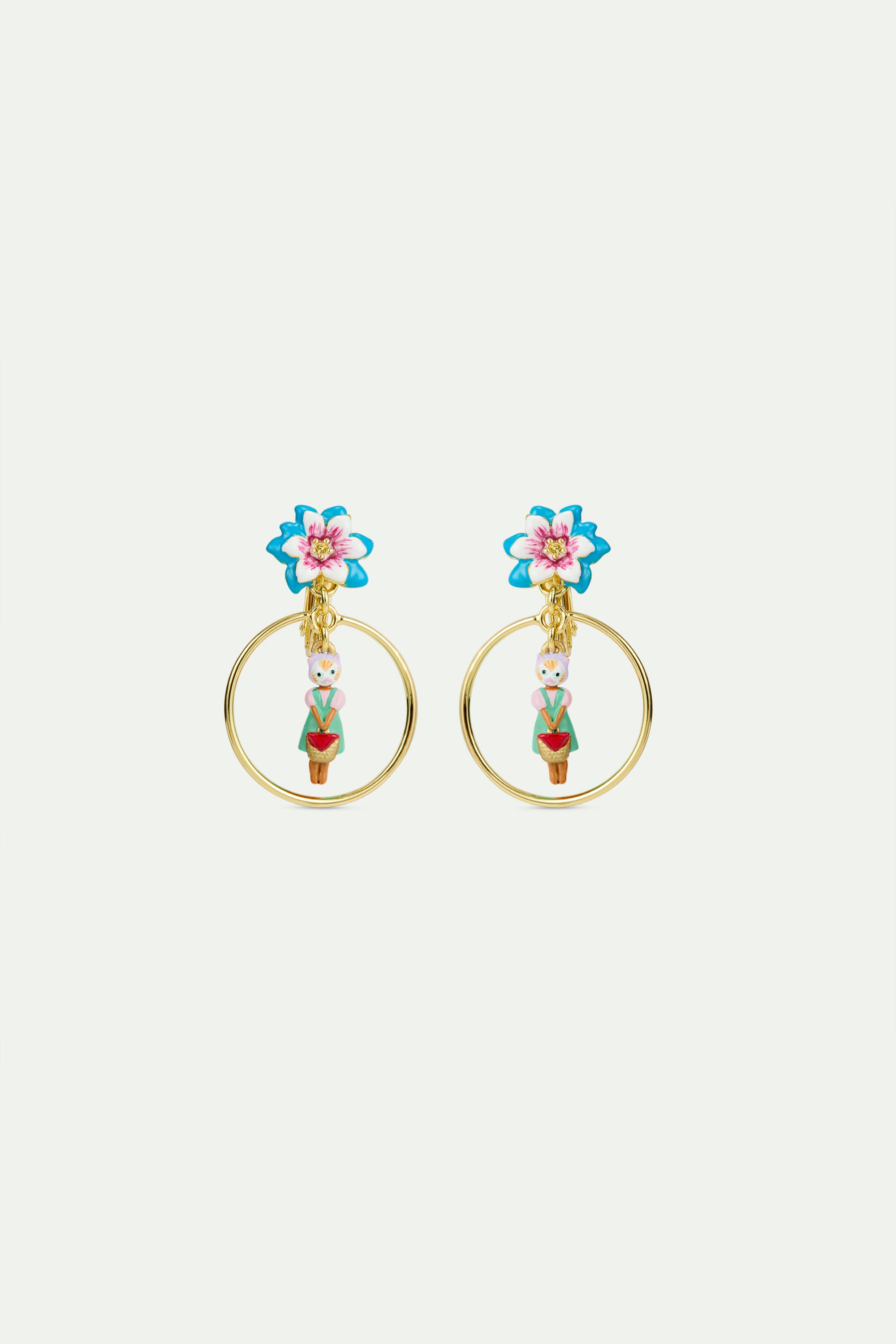Pendientes criollas colgantes gato pelirrojo y flor azul