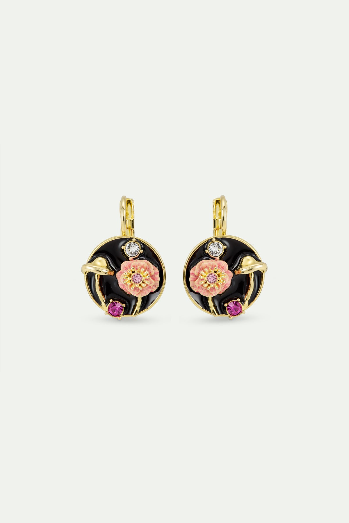 Bijou Vintage - Boucles D'oreilles Camées & Collier Médaillon - Noir Et Rose Poussiéreux