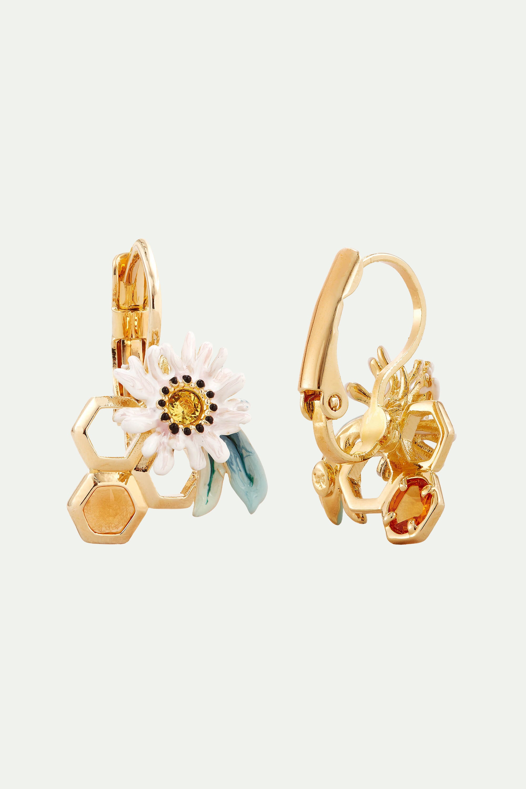 Boucles d'oreilles dormeuses fleurs et alvéoles de miel