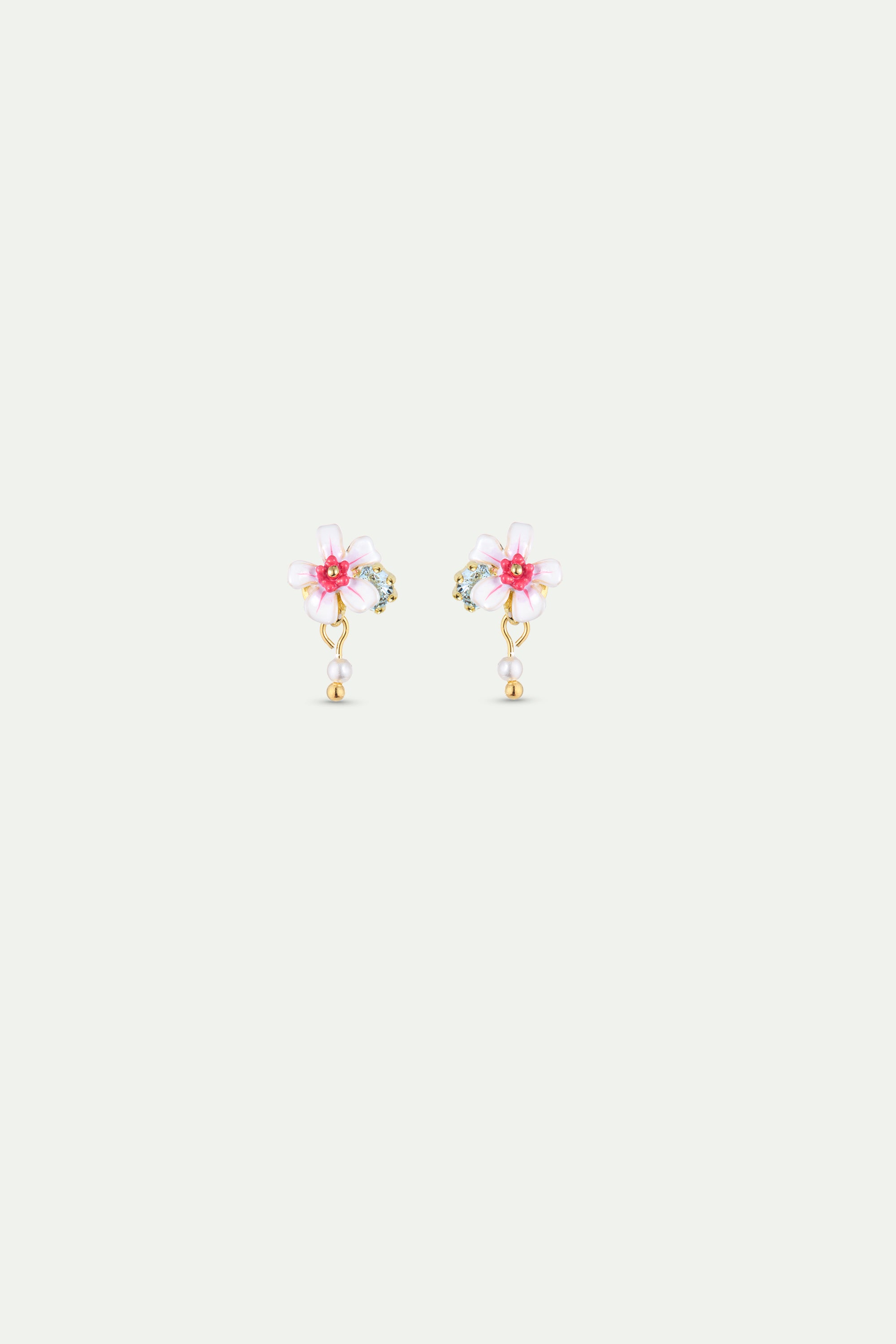Boucles d'oreilles aubépine blanche et rose, cristal bleu et perle de culture
