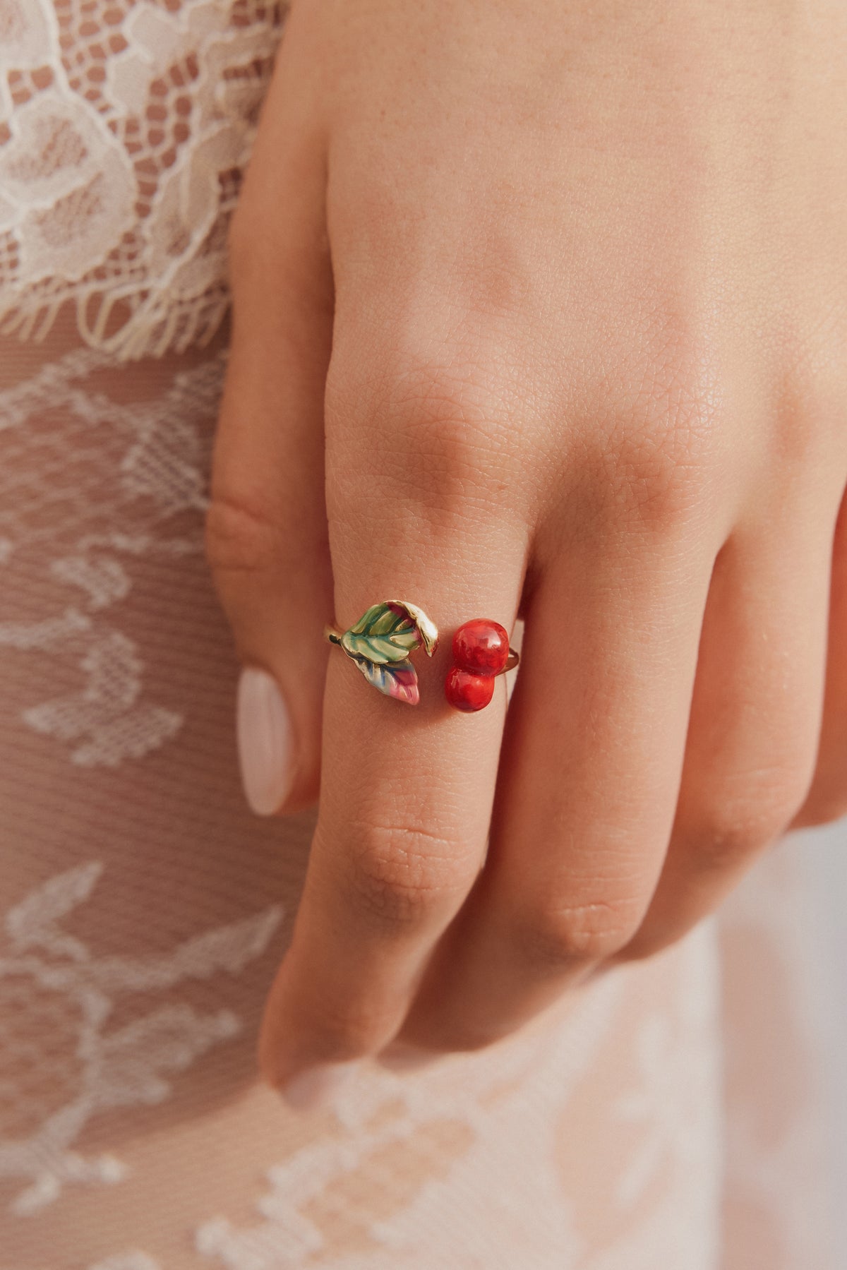 Bague ajustable cerises et feuilles