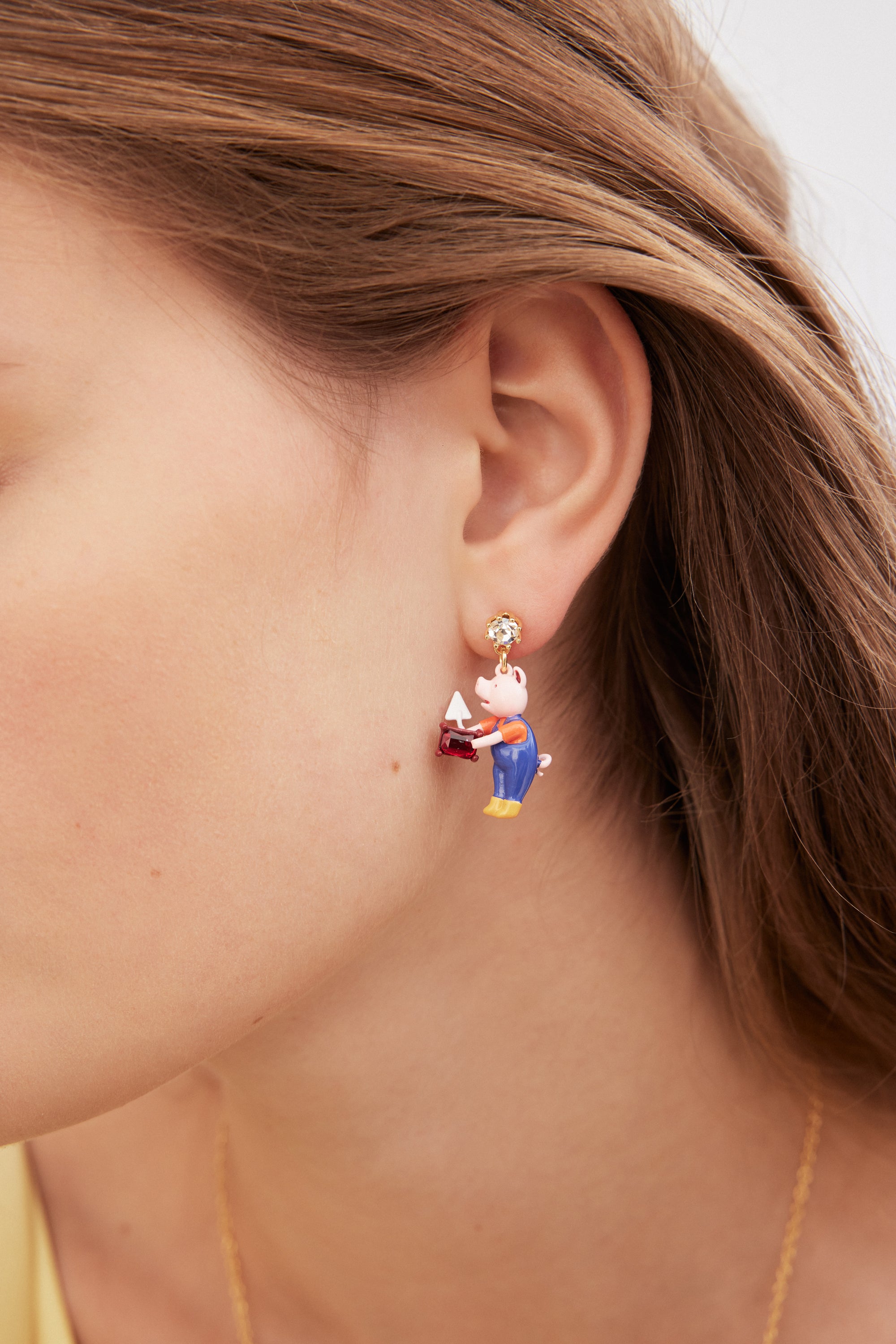 Boucles d’oreilles asymétriques Petits Cochons, cristal facetté