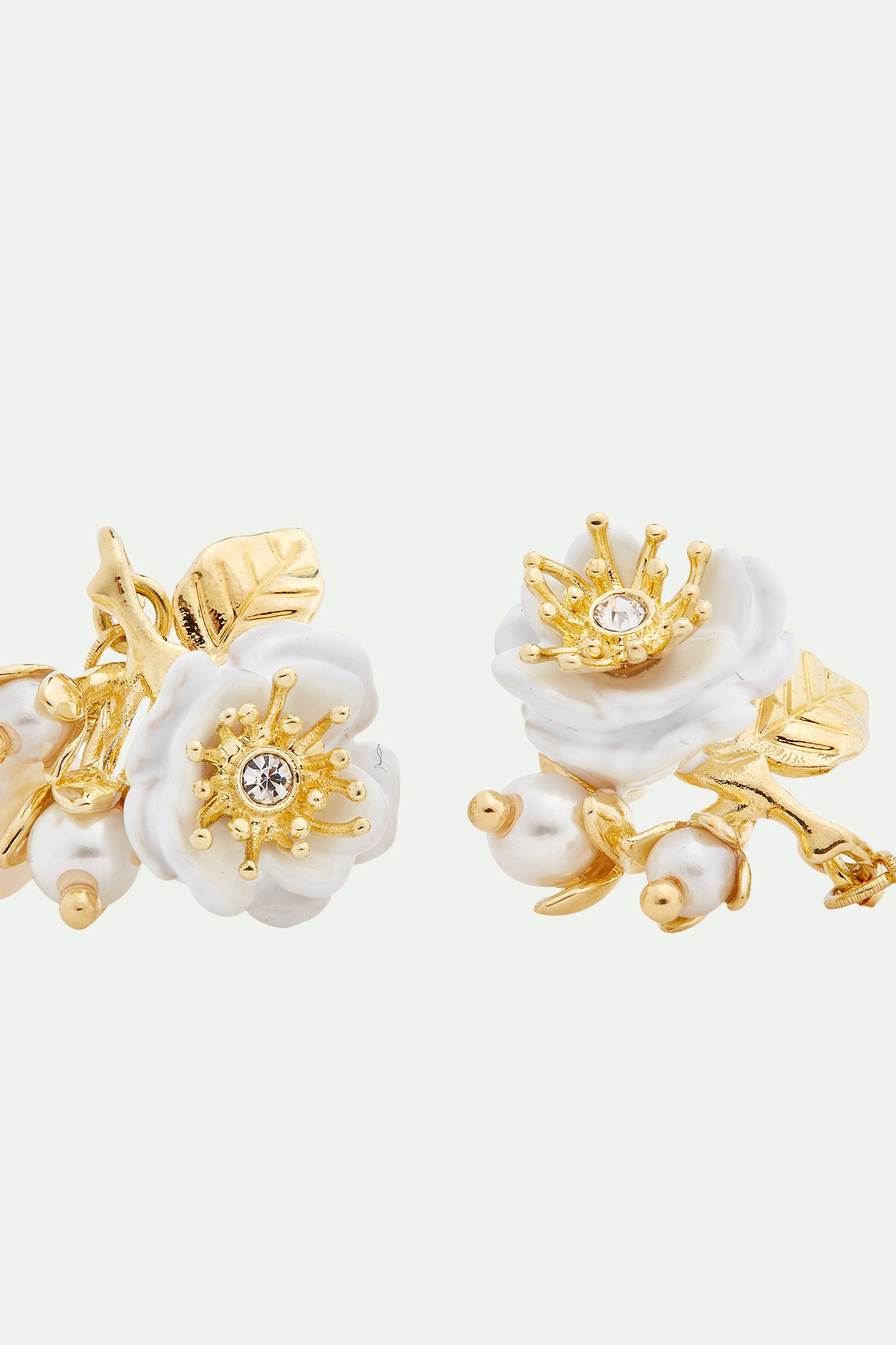 White rose and pearls clip-on hoop earrings