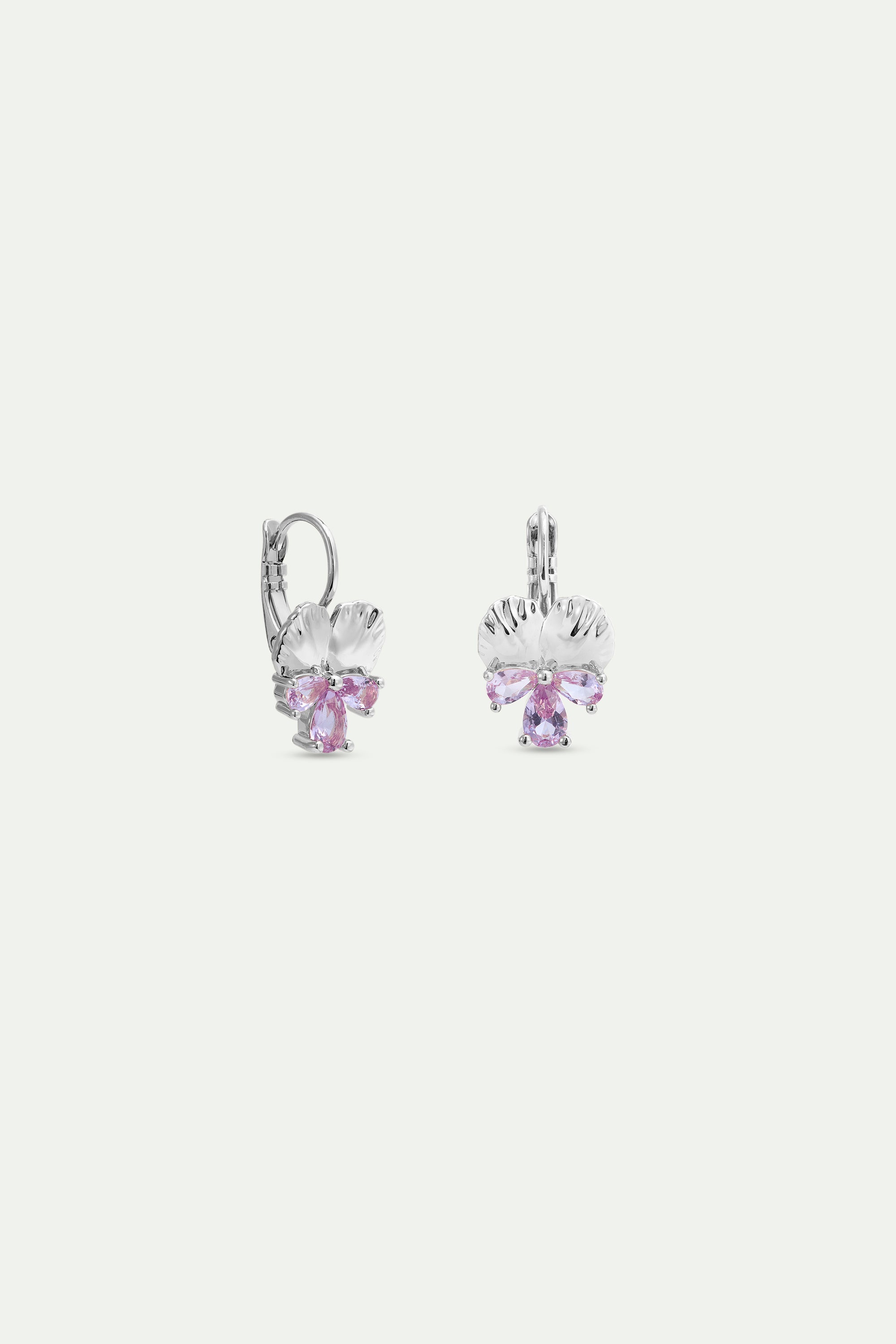 Silver sleeper earrings with pansy and pink stones
