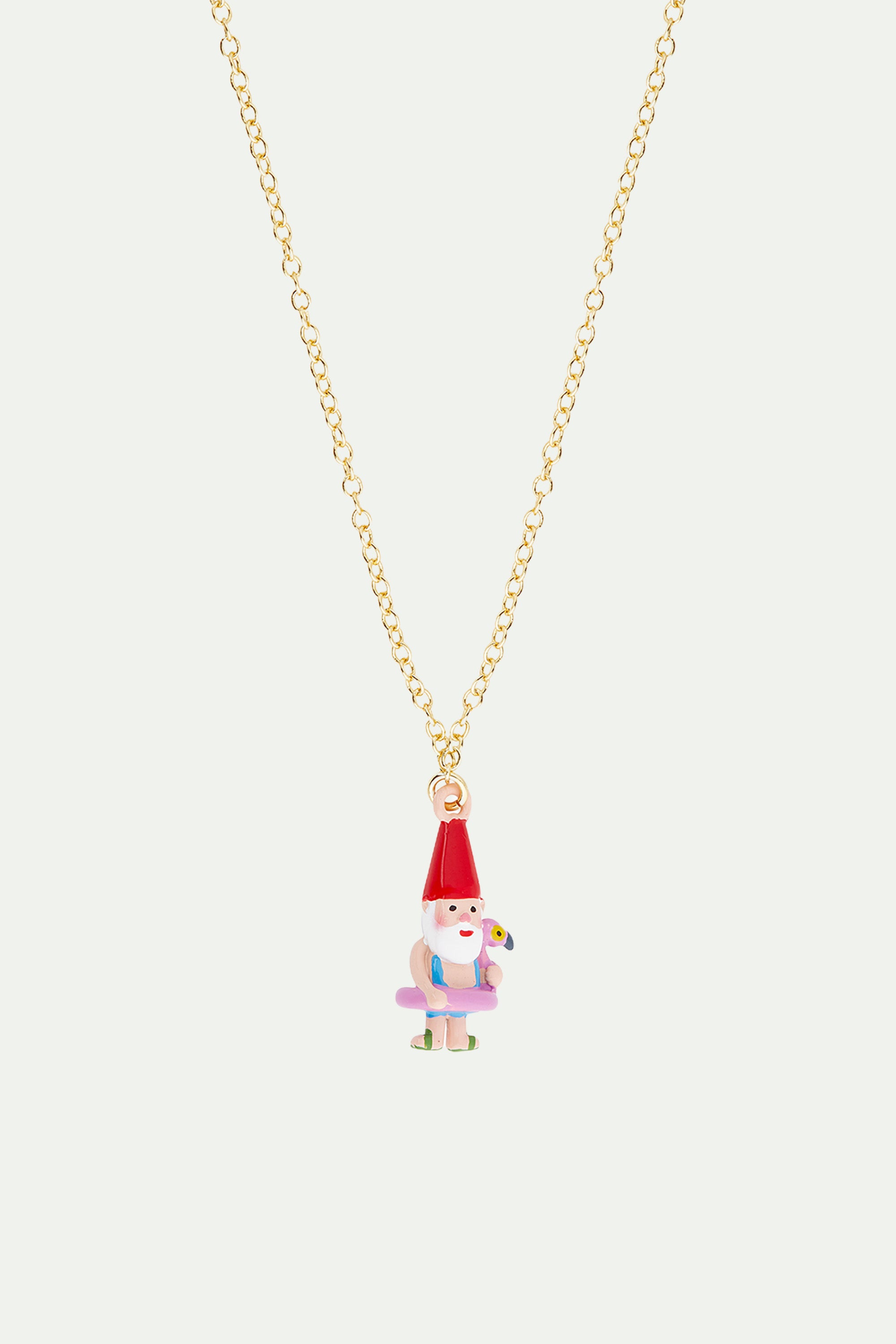 Garden gnome and inflatable pink flamingo pendant necklace