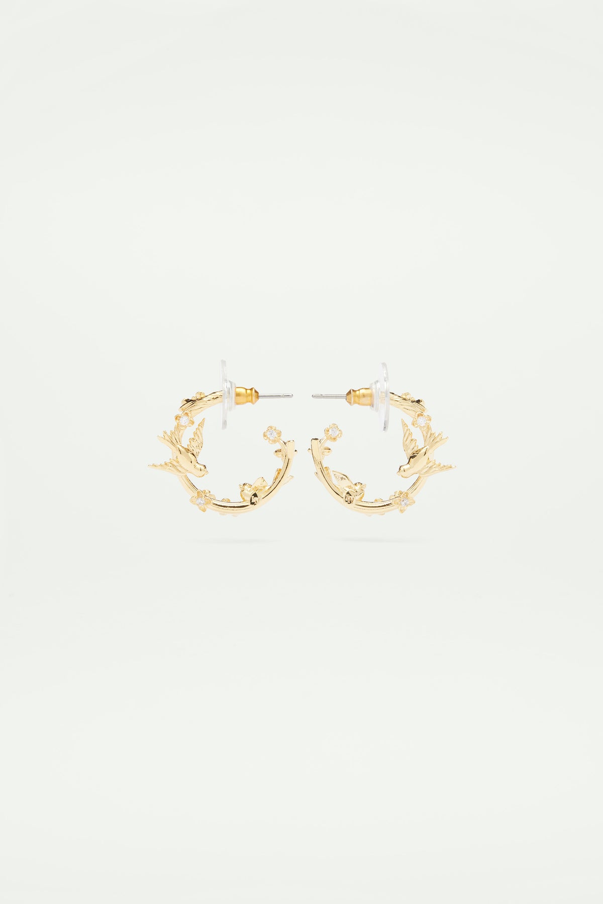 Golden bird, flower and crystal post earrings
