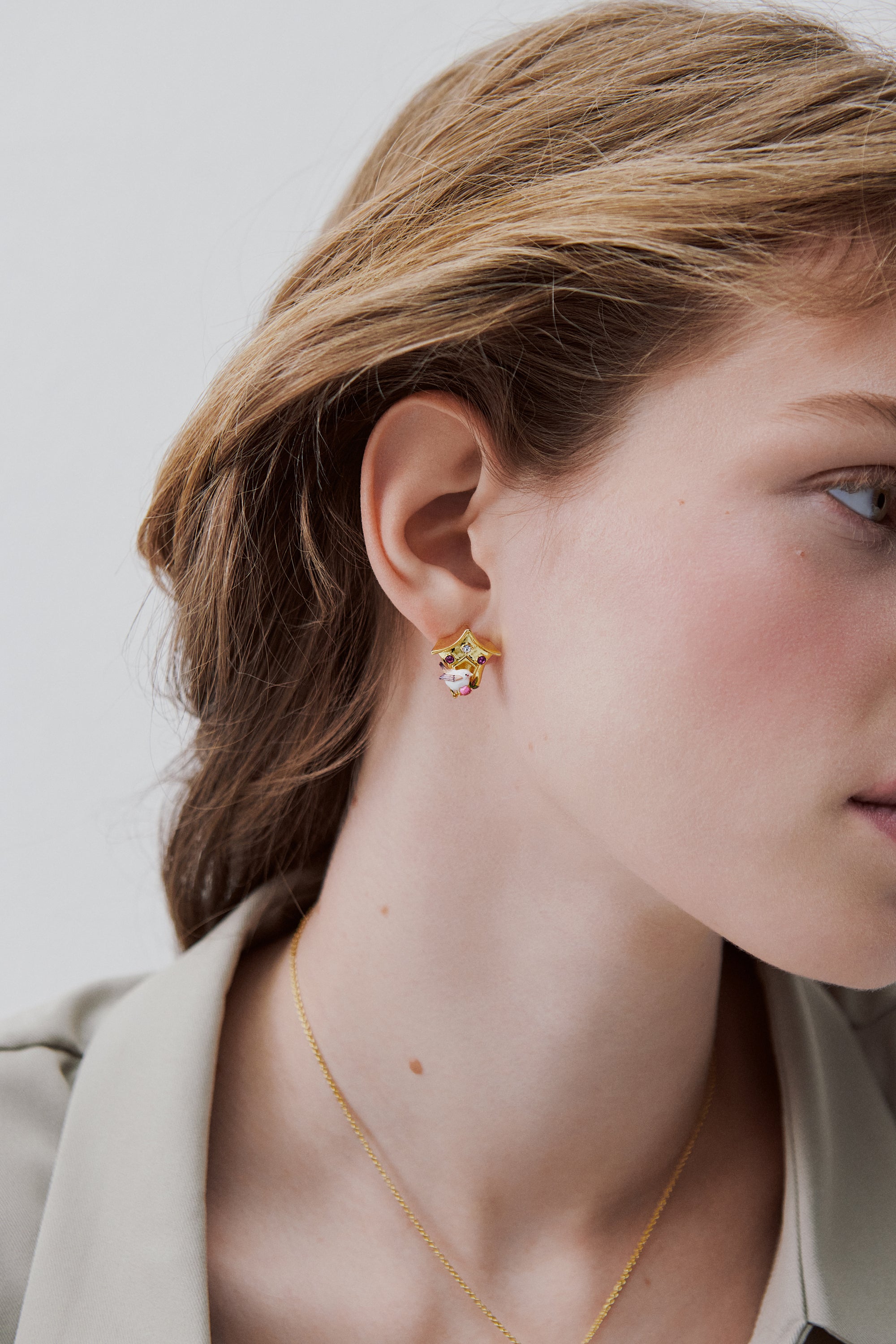 Boucles d'oreilles nichoir, plectrophane des neiges et cristaux roses