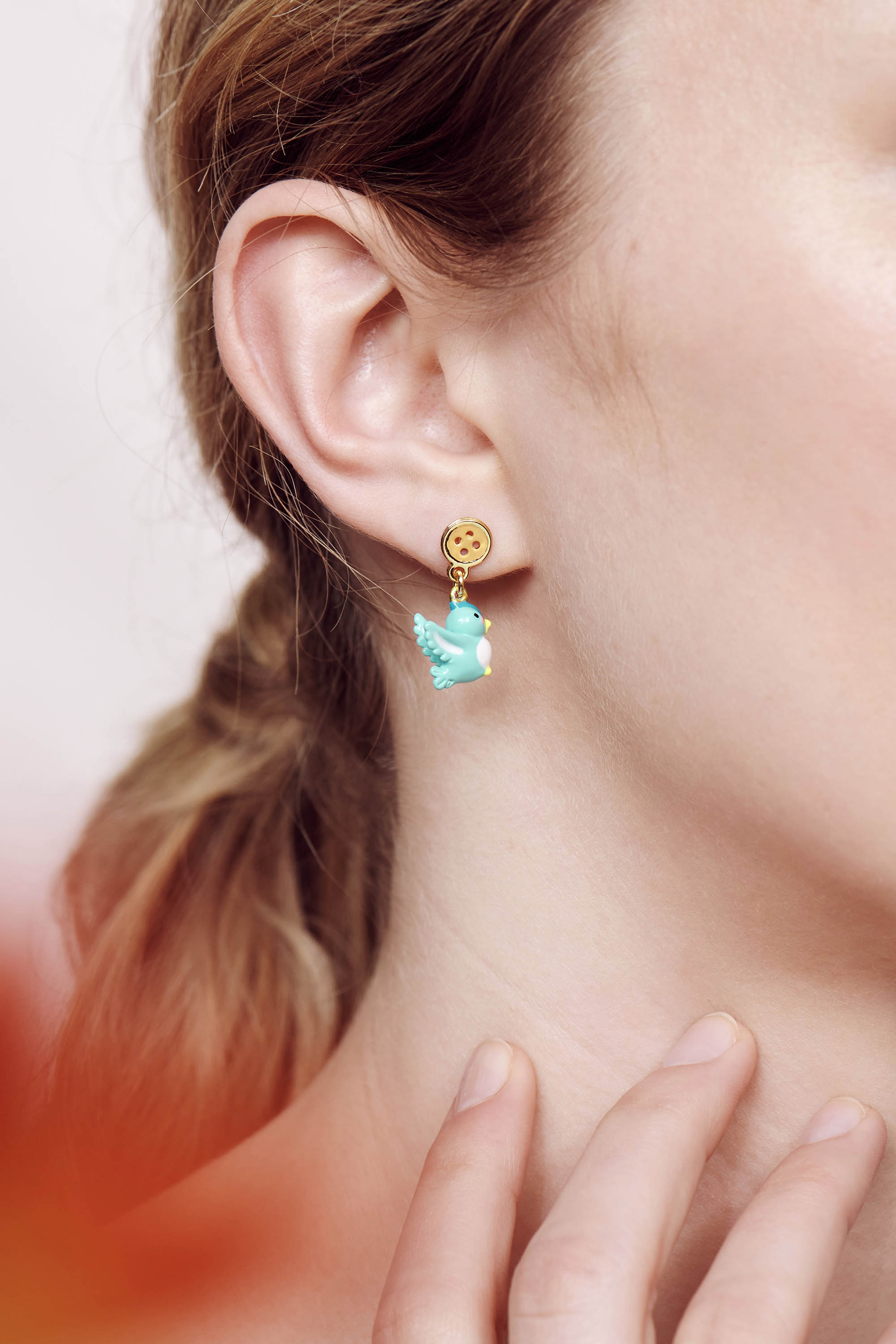 Boucles d'oreilles oiseau, souris, bouton et bobine de fil