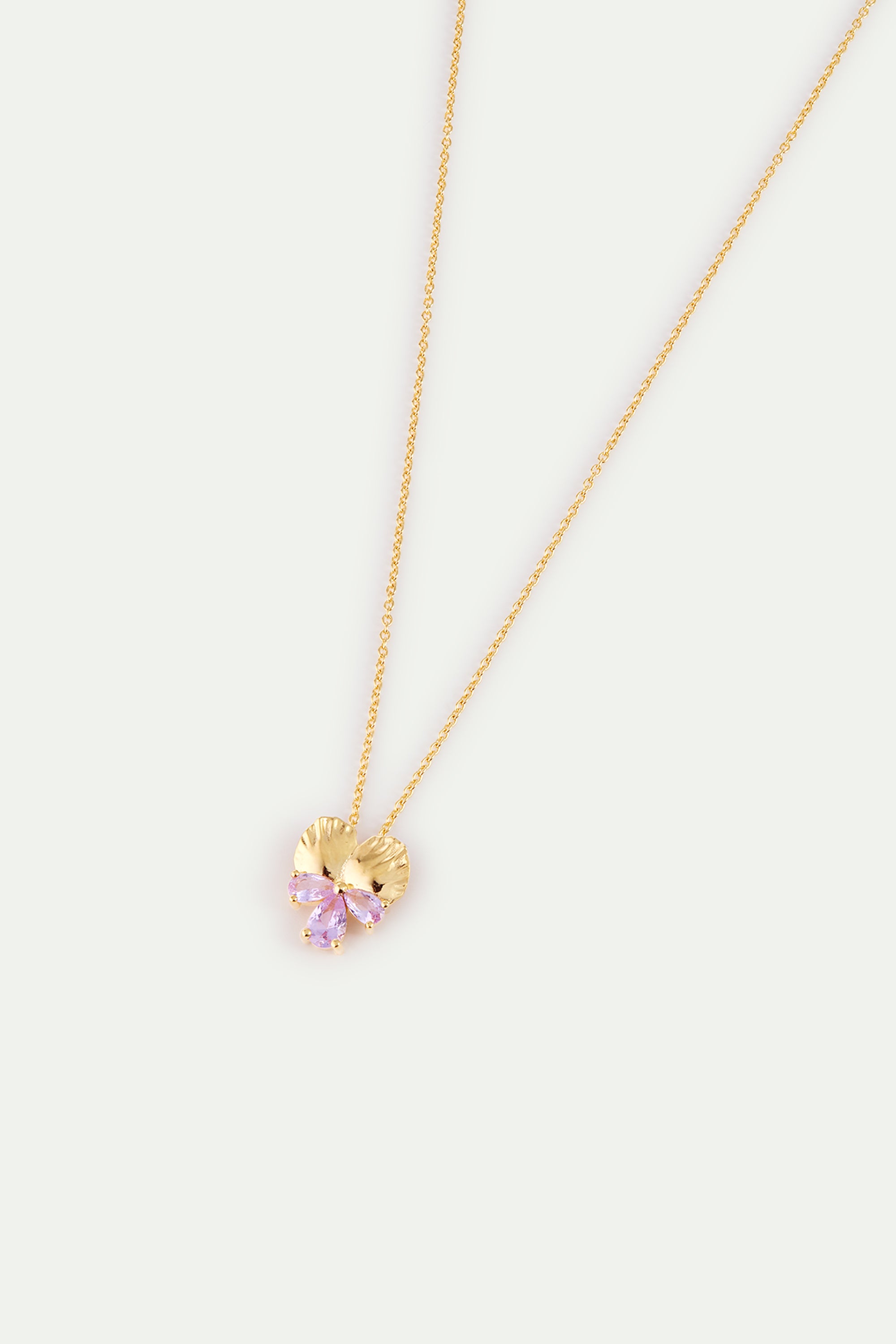 Gold pendant necklace with pansies and pink stones