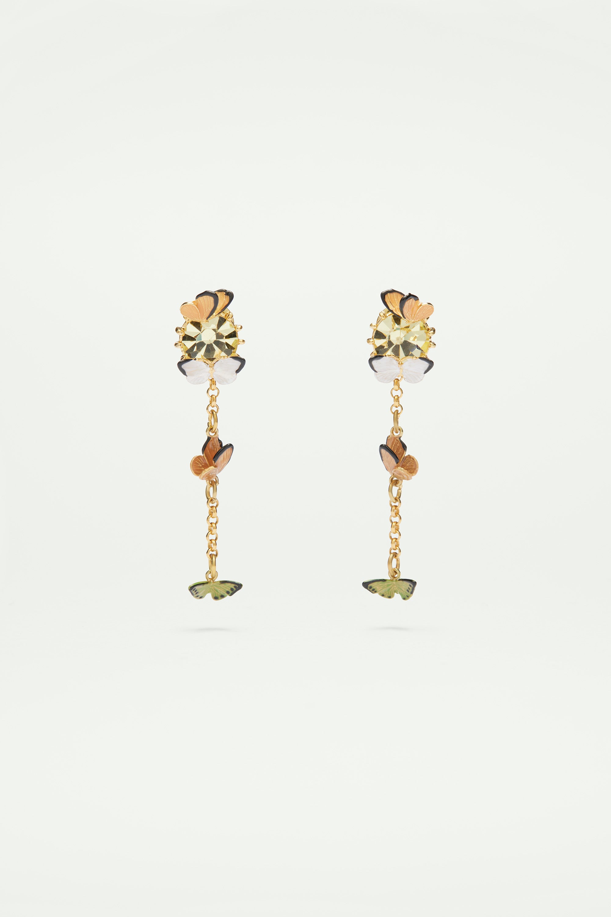 Boucles d'oreilles tiges pendantes papillons et pierre en verre taillé