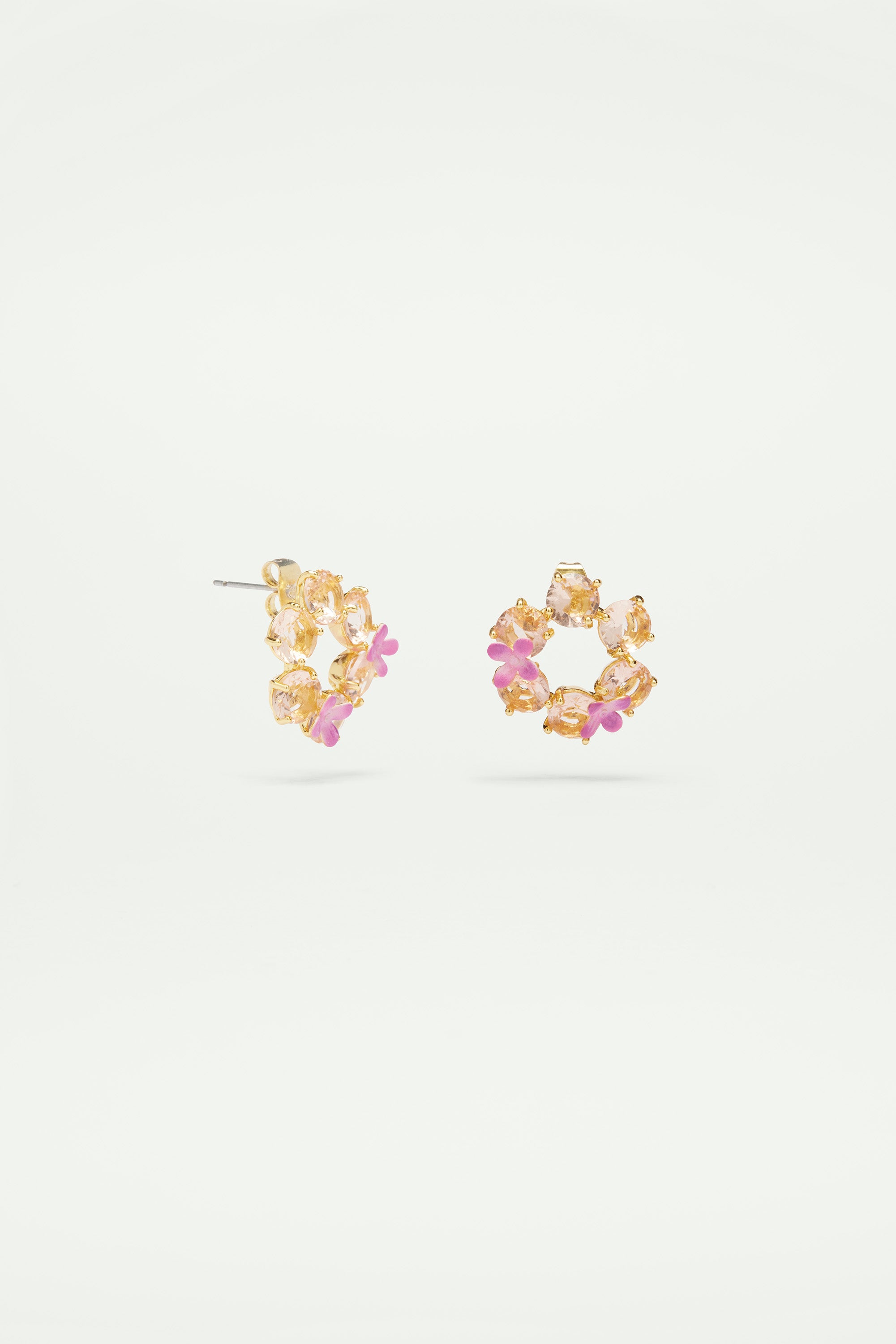 Apricot pink diamantine flower and 6 round stone post earrings