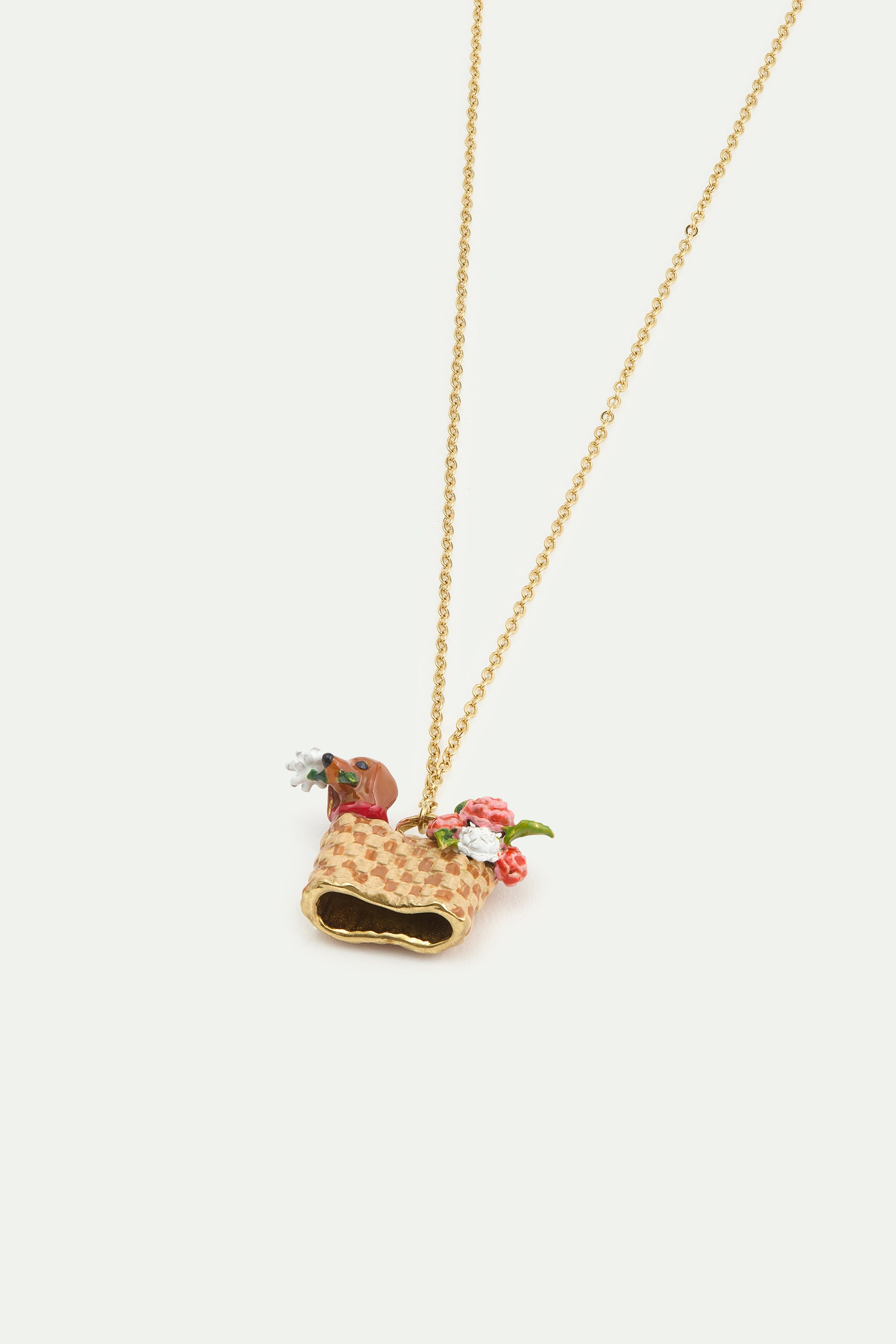 Collier pendentif panier, teckel et fleurs