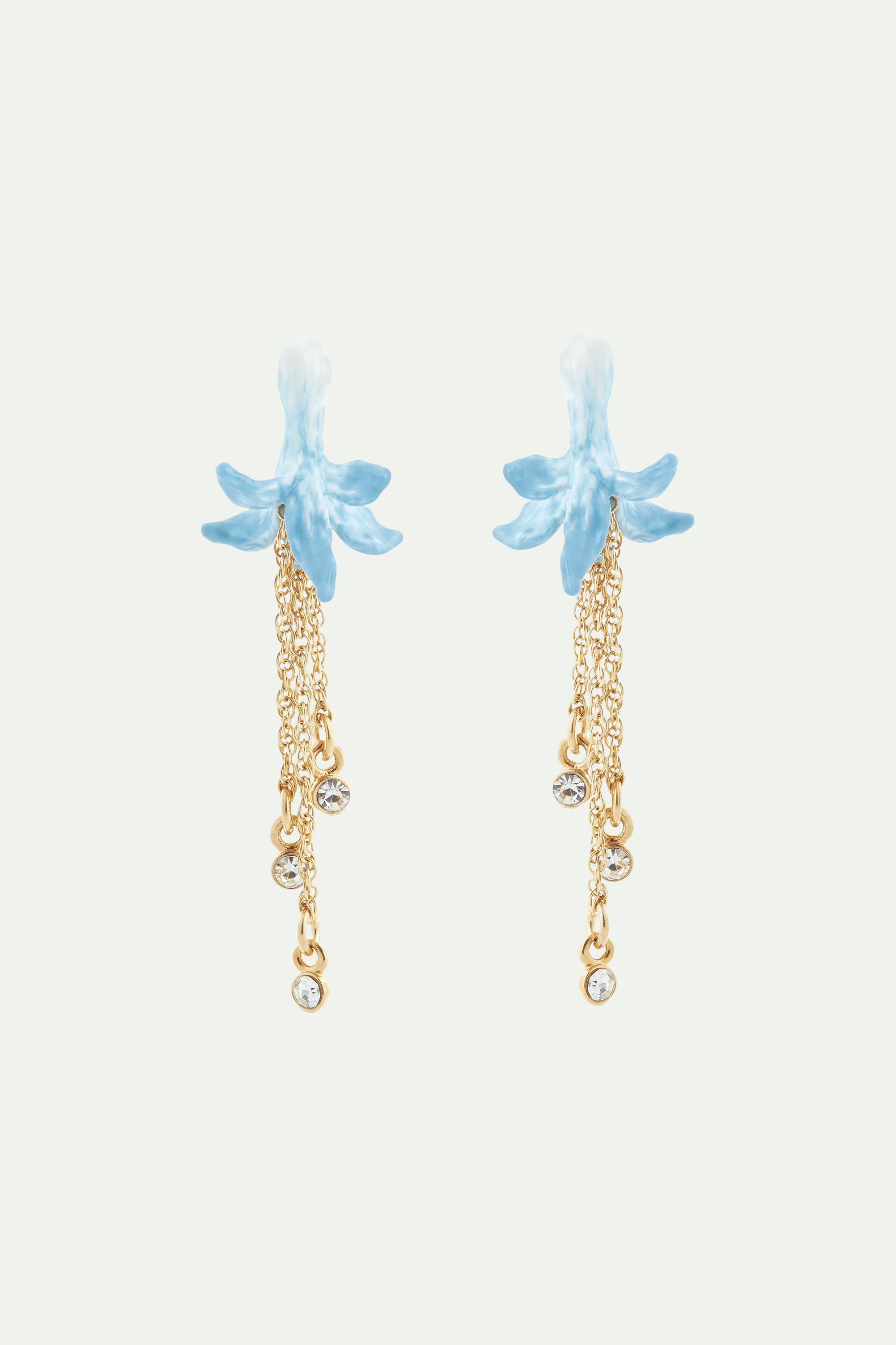 Blue flower and crystal post dangling earrings