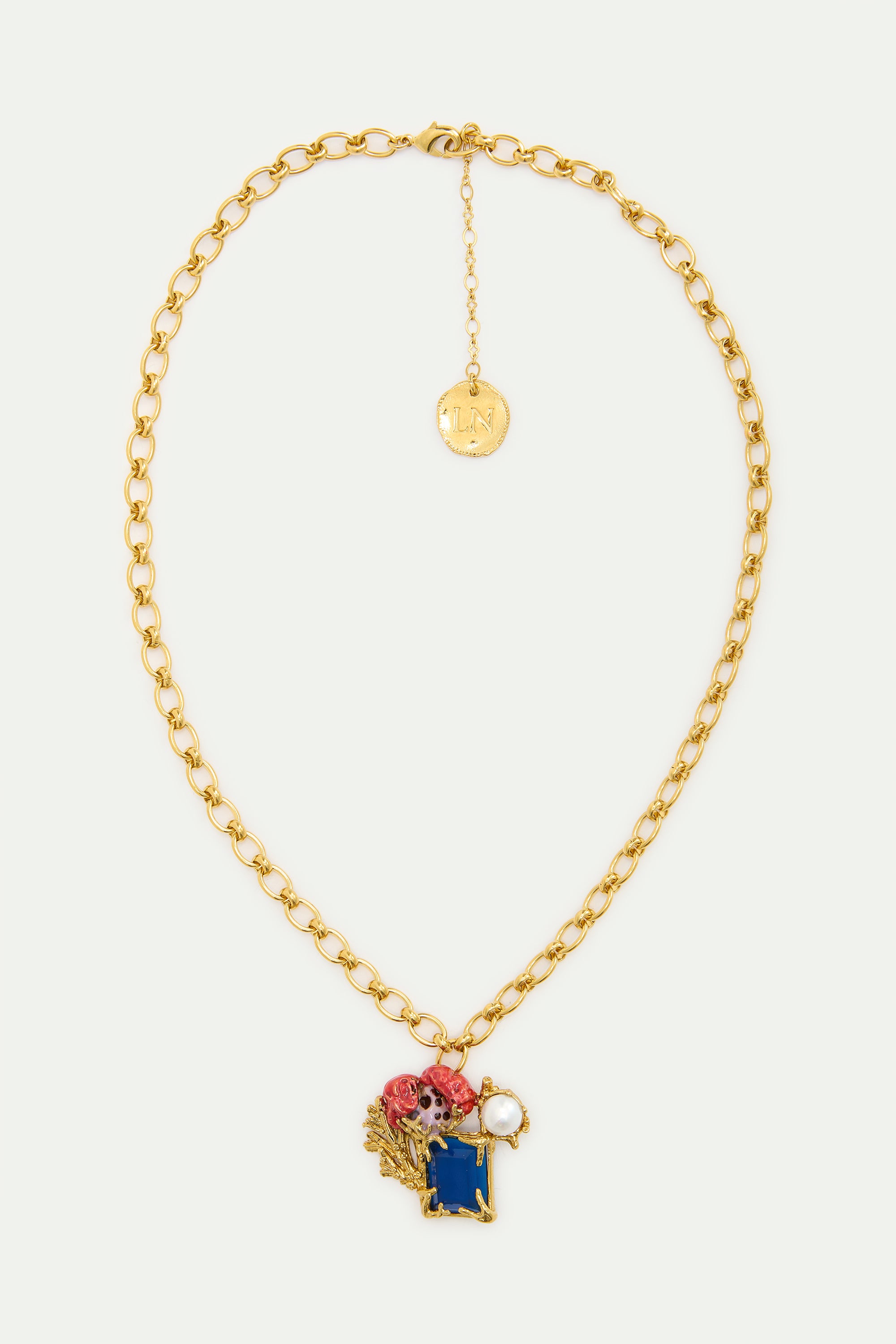 Collier pierre bleue carrée, corail et perle