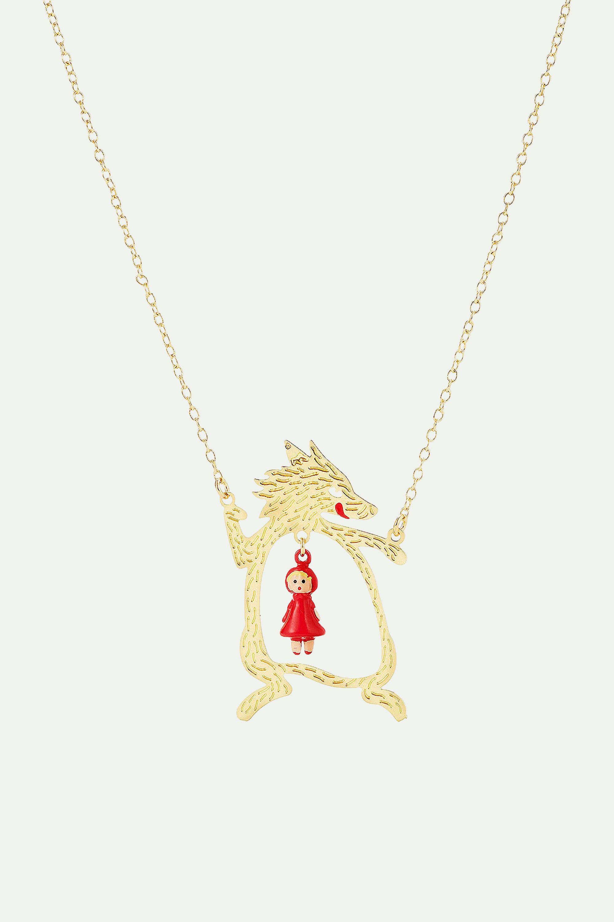 Collier pendentif le grand méchant loup doré et le petit chaperon rouge