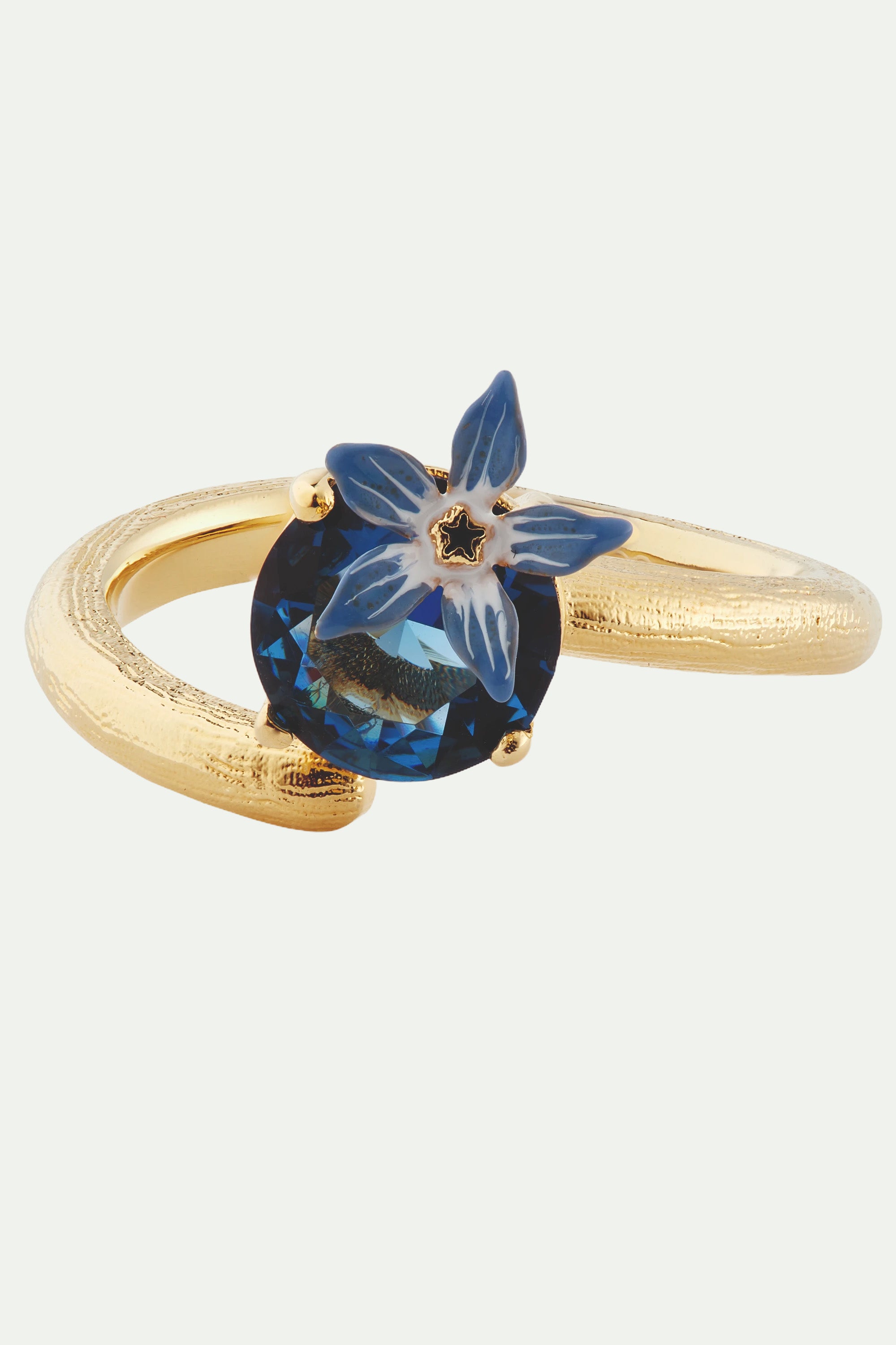 Blue flower and round faceted glass adjustable ring