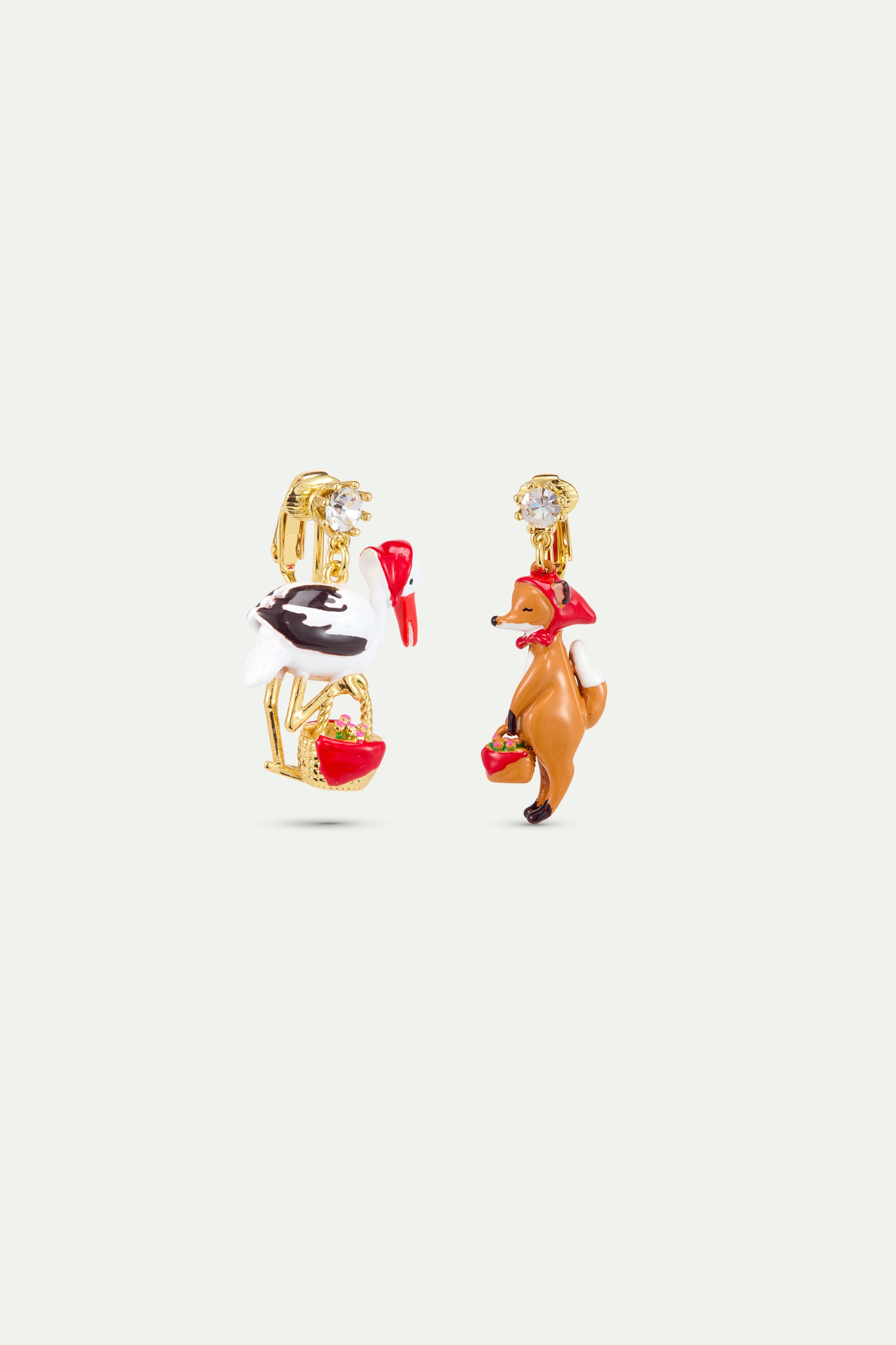 Boucles d'oreilles asymétriques le Renard et la Cigogne et cristal facetté