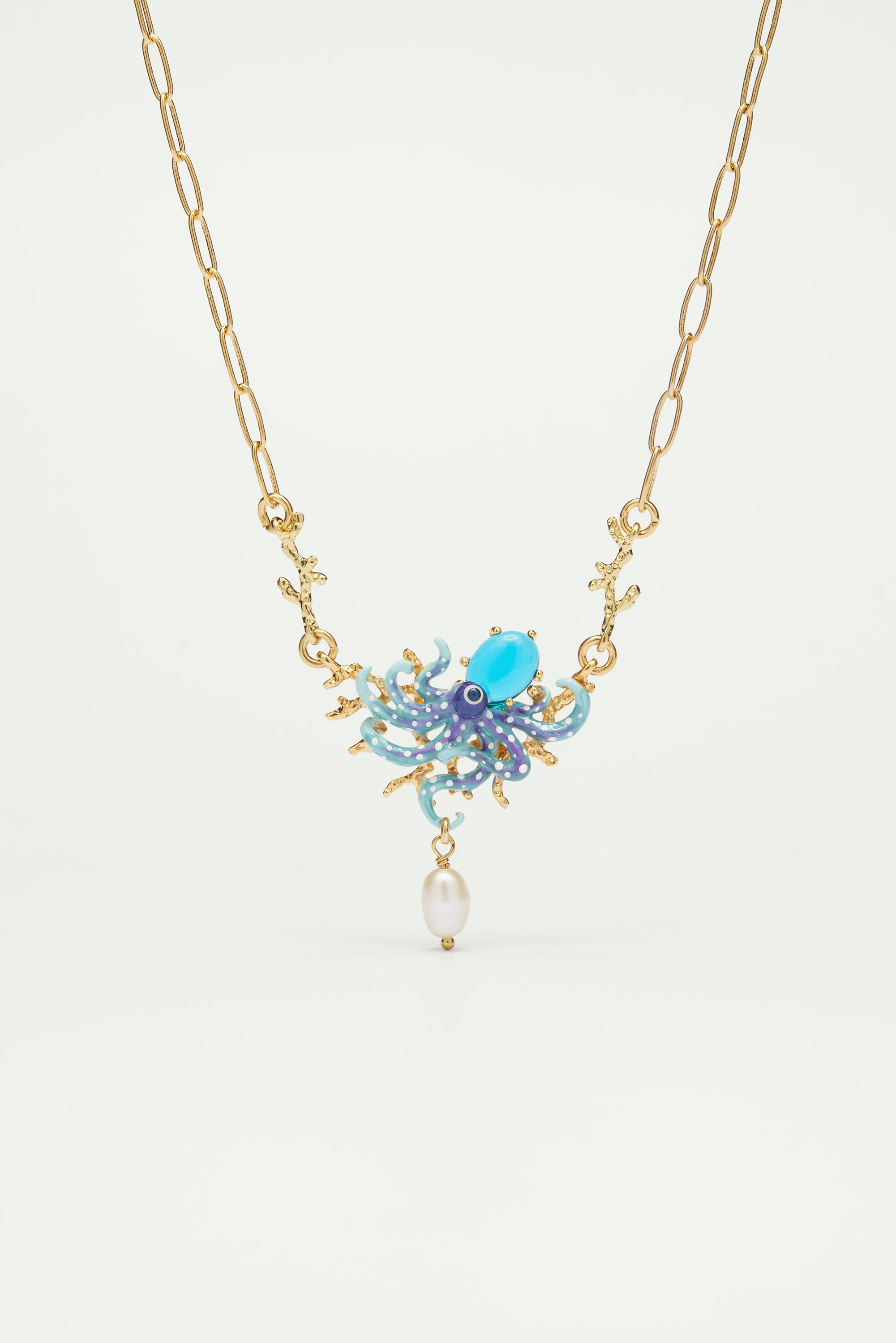 Collier plastron pieuvre bleue, pierre en verre taillé bleu et perle nacrée
