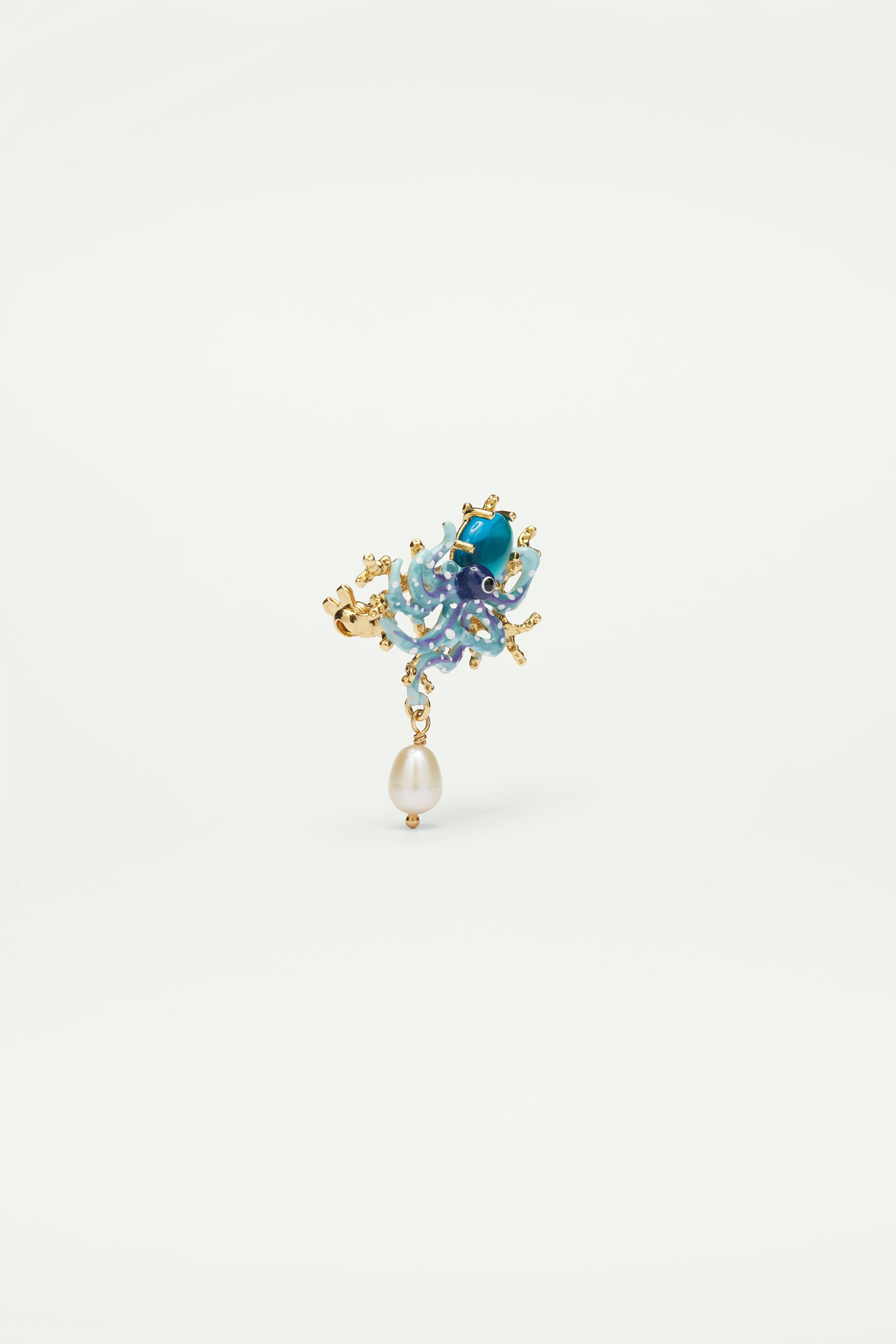 Broche pulpo azul, piedra de cristal tallado azul y perla de nácar