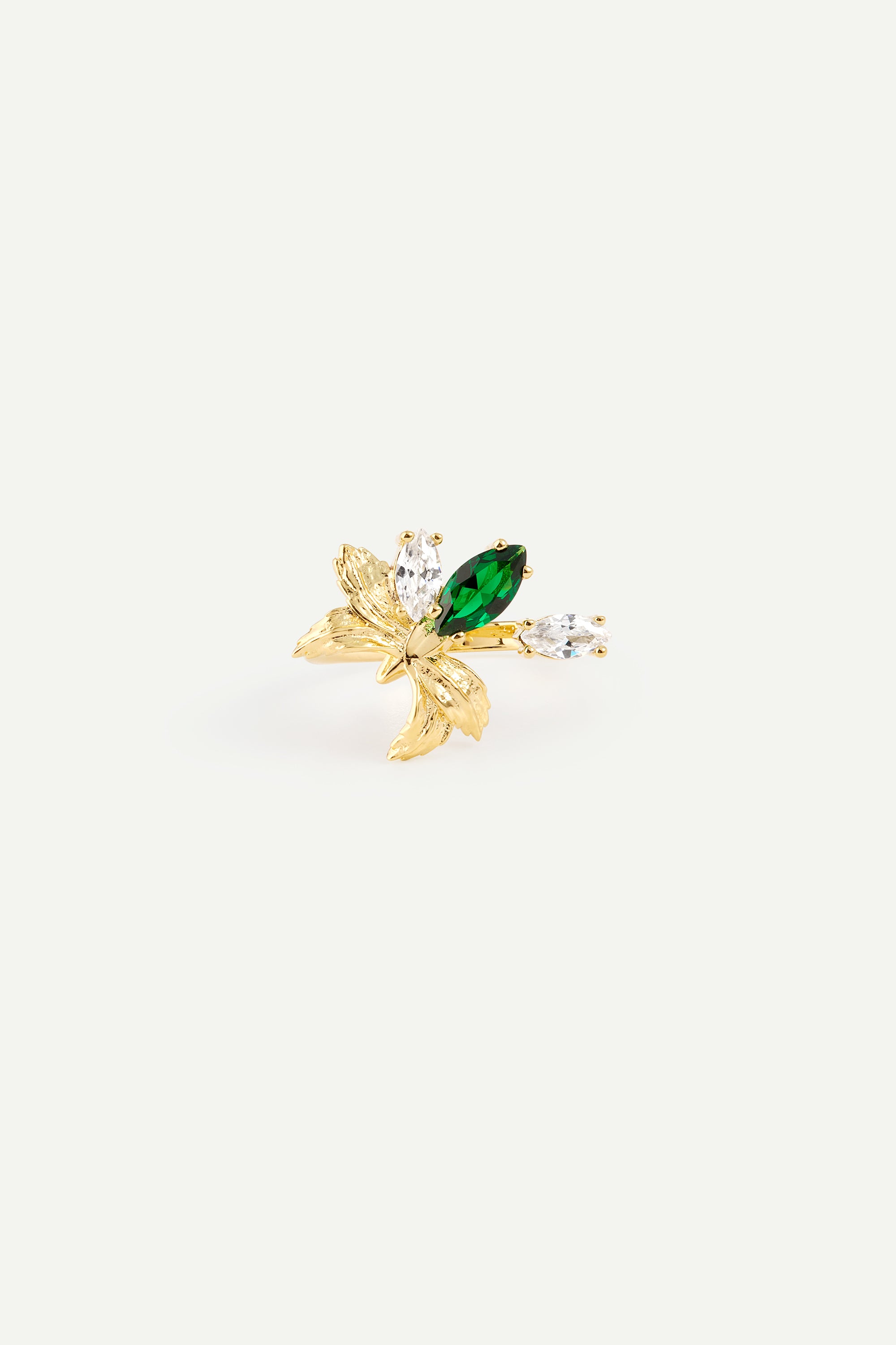 Gold adjustable ring with orchid, green and white stones