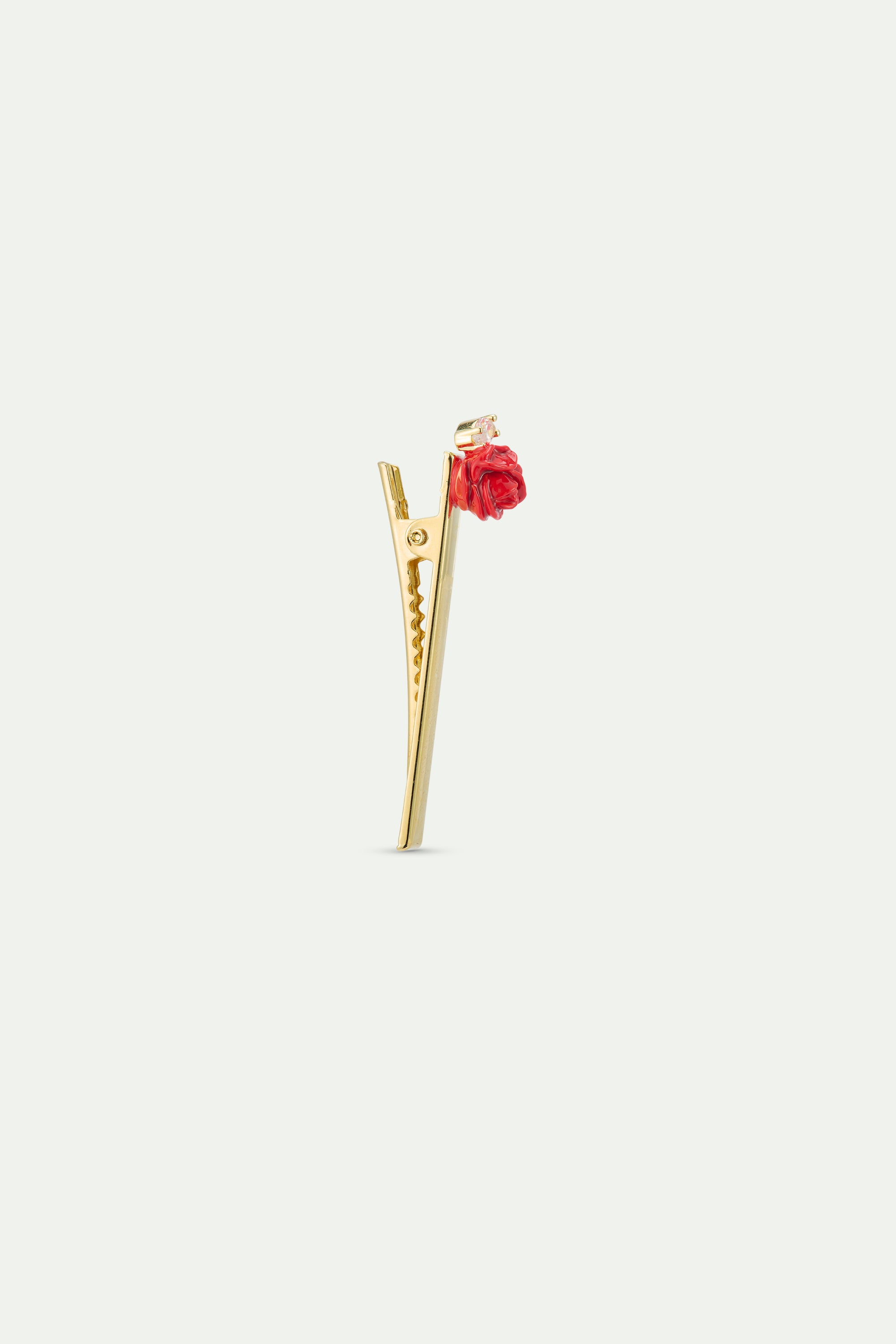 Barrette bouton de rose rouge et cristal taillé