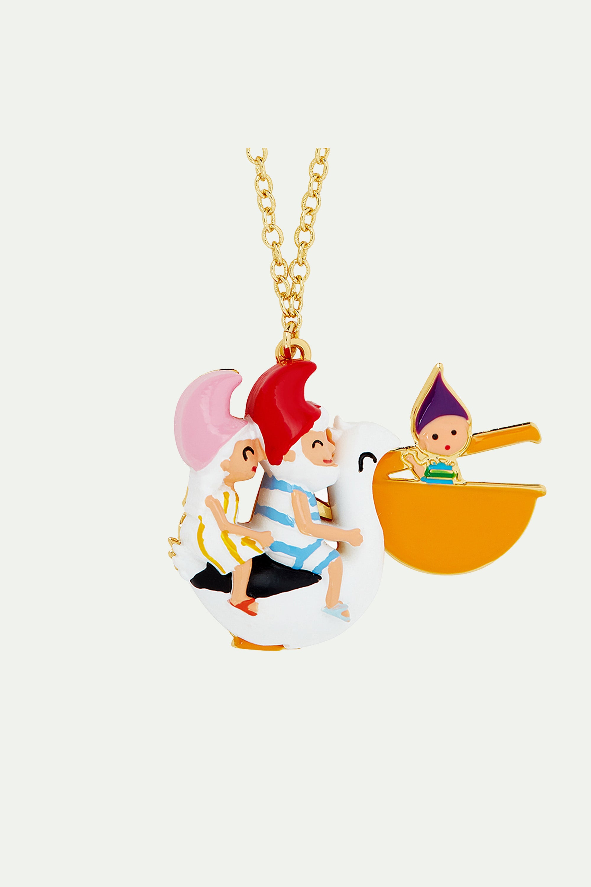 Toadstool family couple riding a pelican pendant necklace