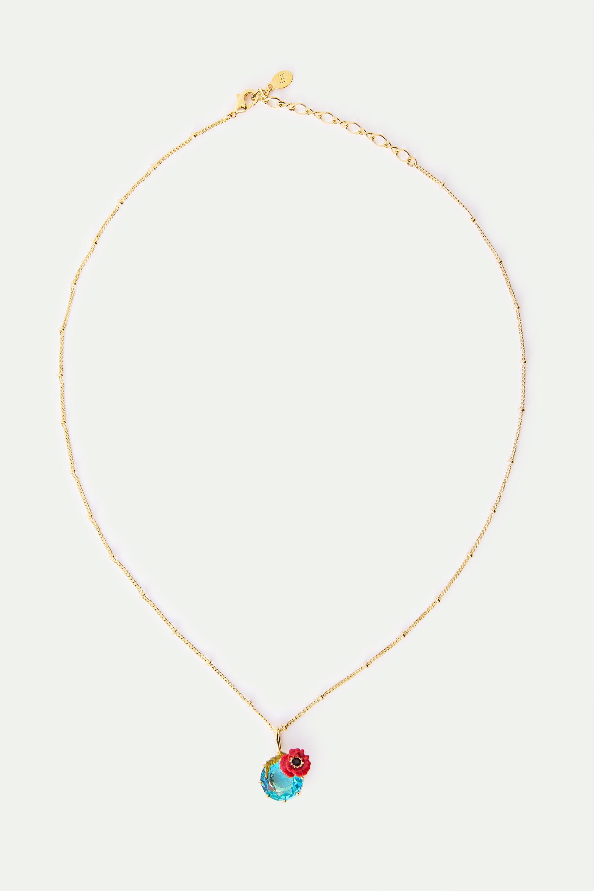 Collier pendentif pierre ronde bleue et coquelicot