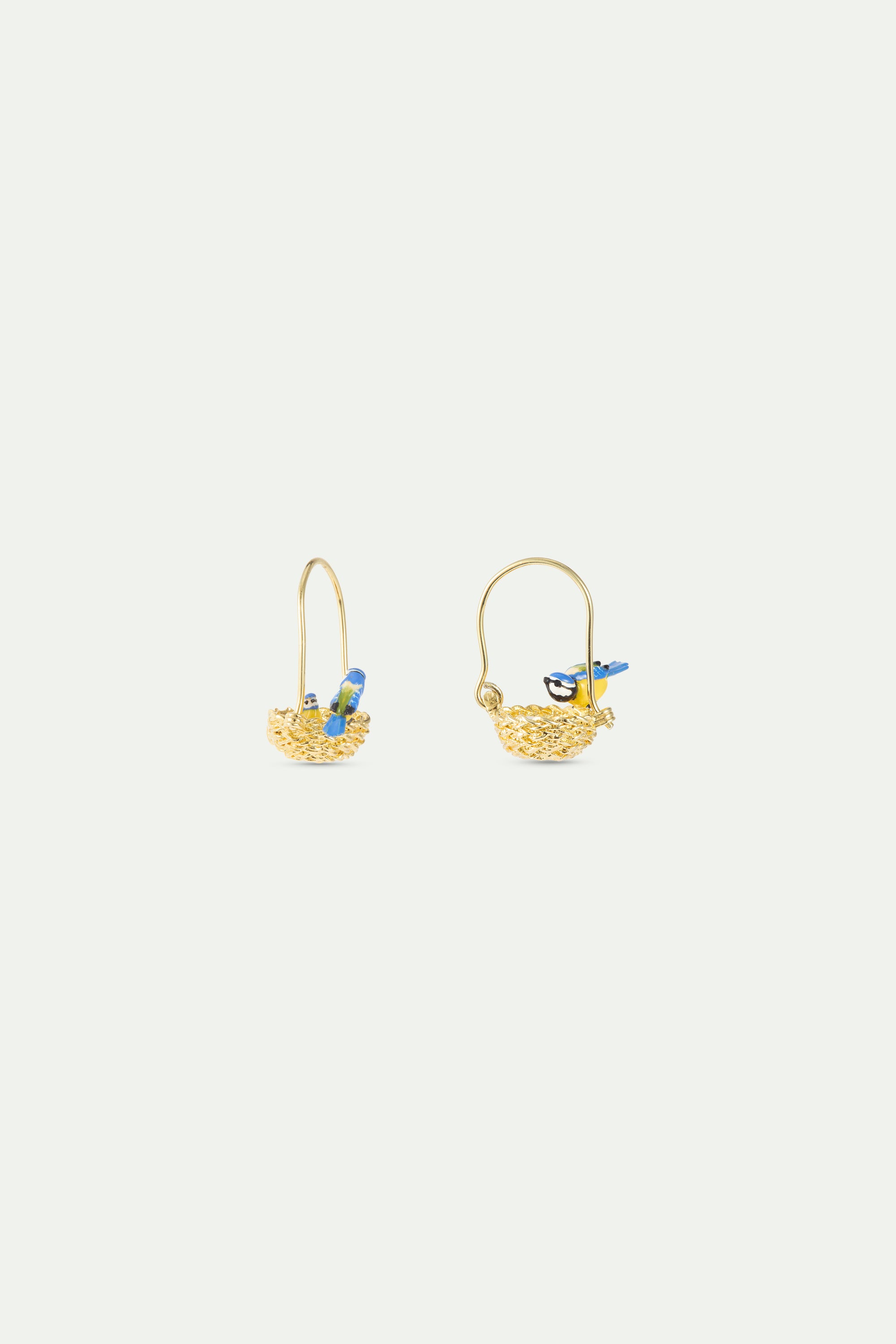 Asymmetrical hook earrings with gold nest and blue and yellow tits