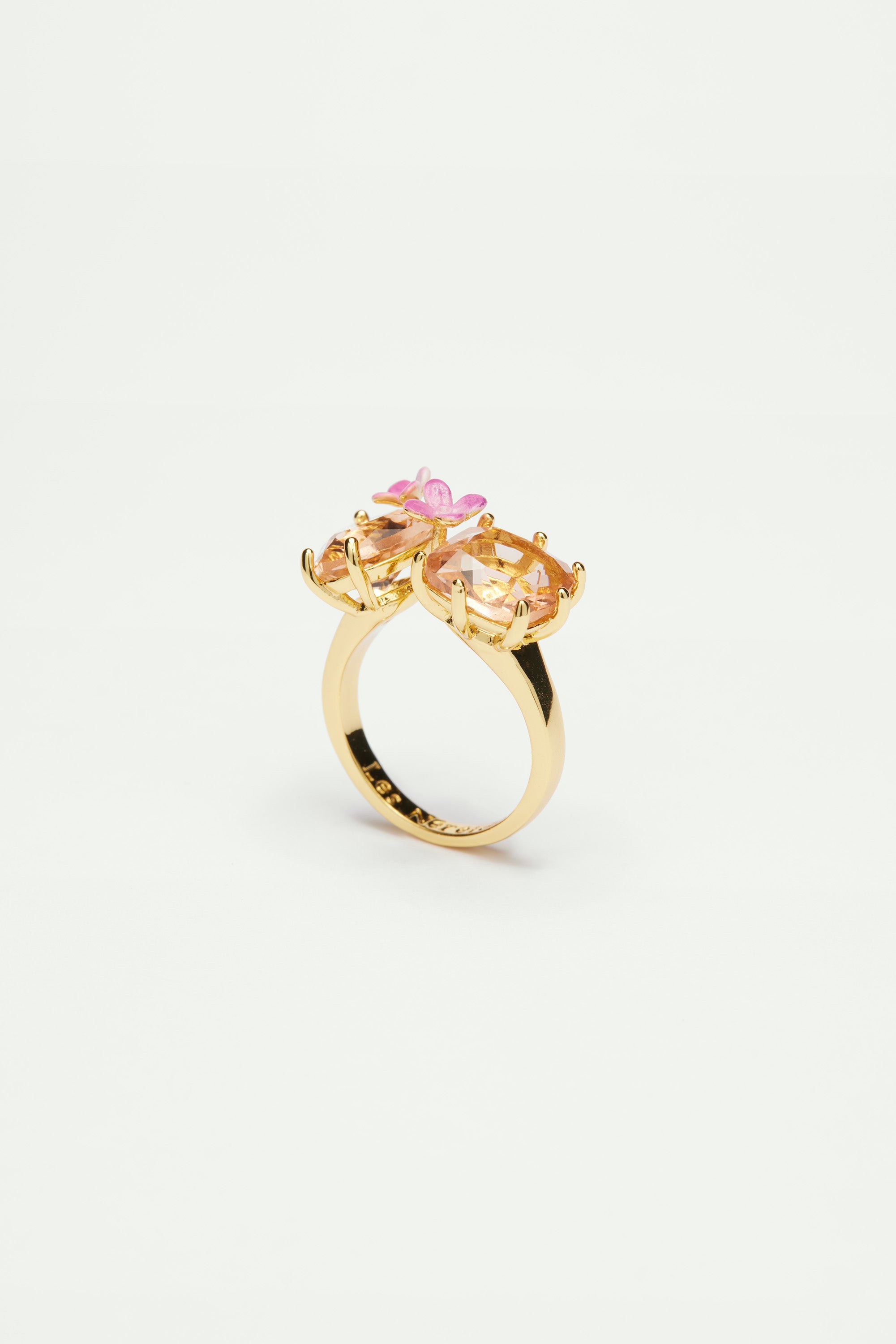 Apricot pink diamantine flower, heart and square stone ring