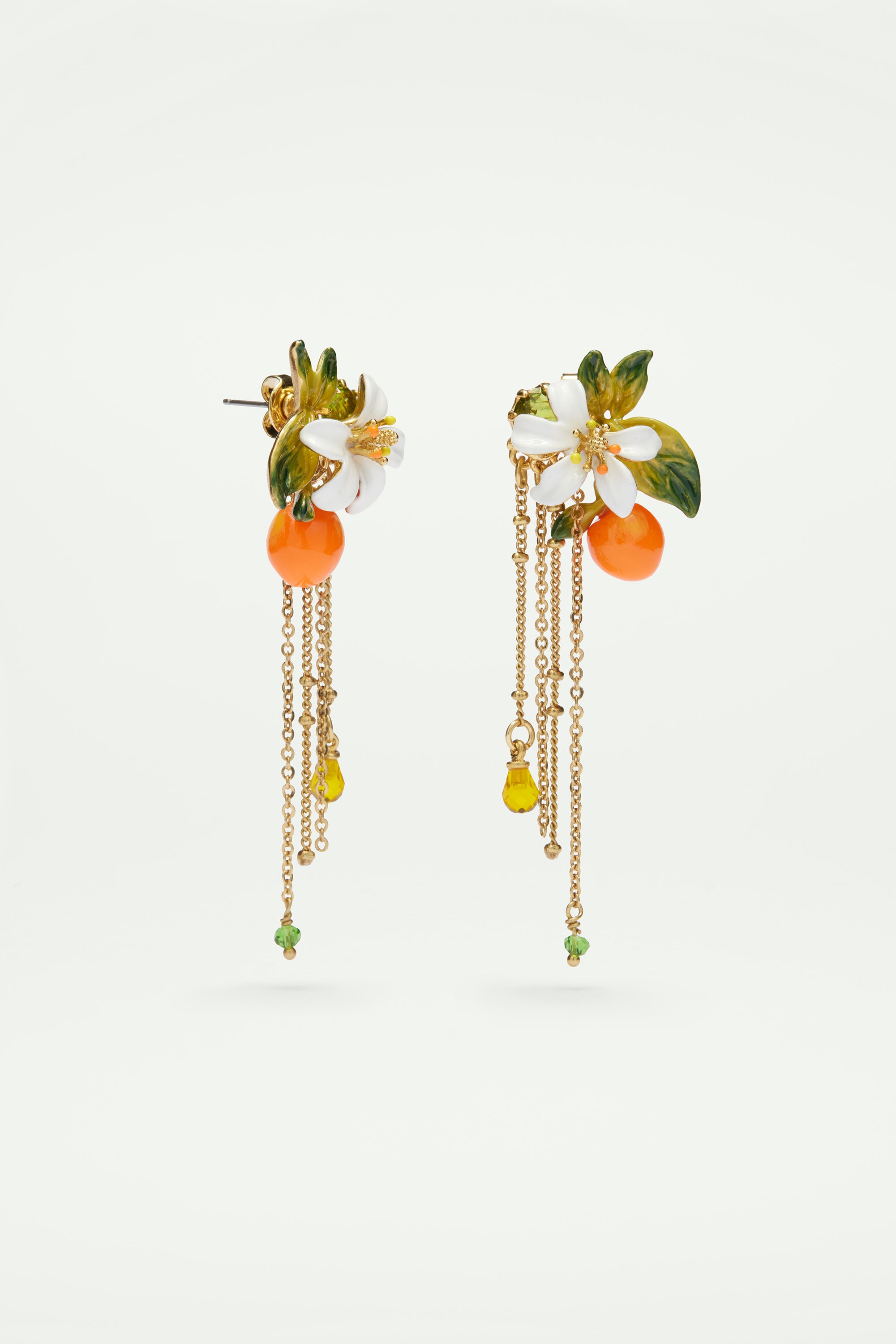 Boucles d'oreilles orange, fleur d'oranger et chaînes