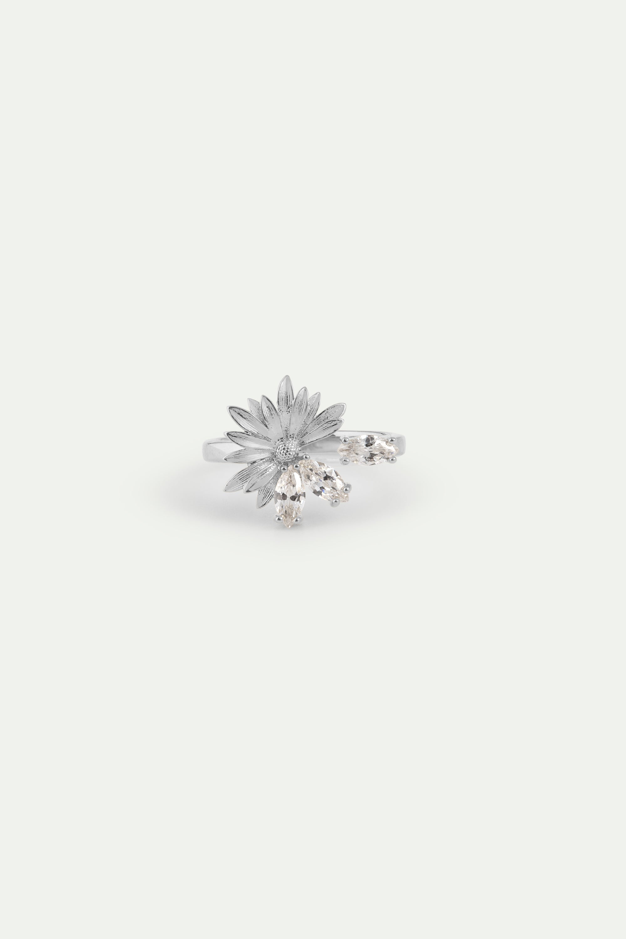 Bague ajustable argentée fleur de marguerite et pierres blanches