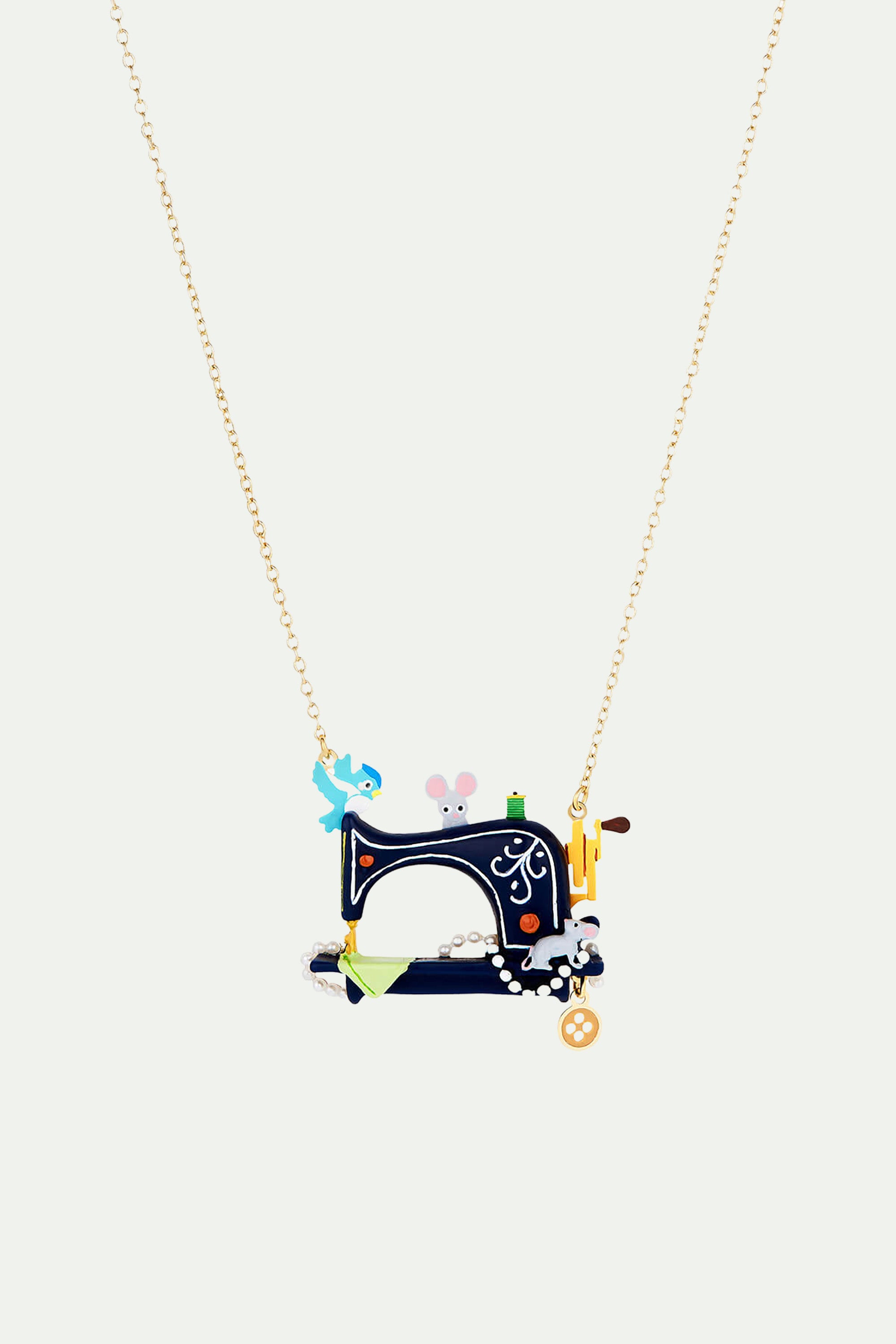 Collier pendentif oiseau, souris, machine à coudre, perles et bouton