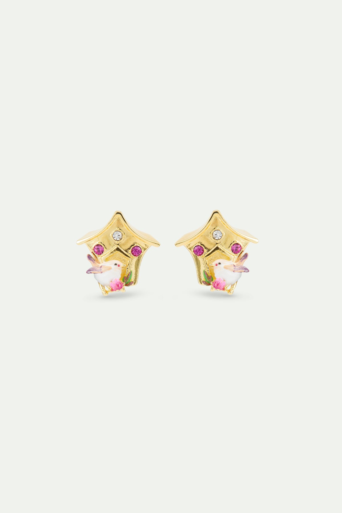 Birdhouse earrings, with snow bunting and pink crystals