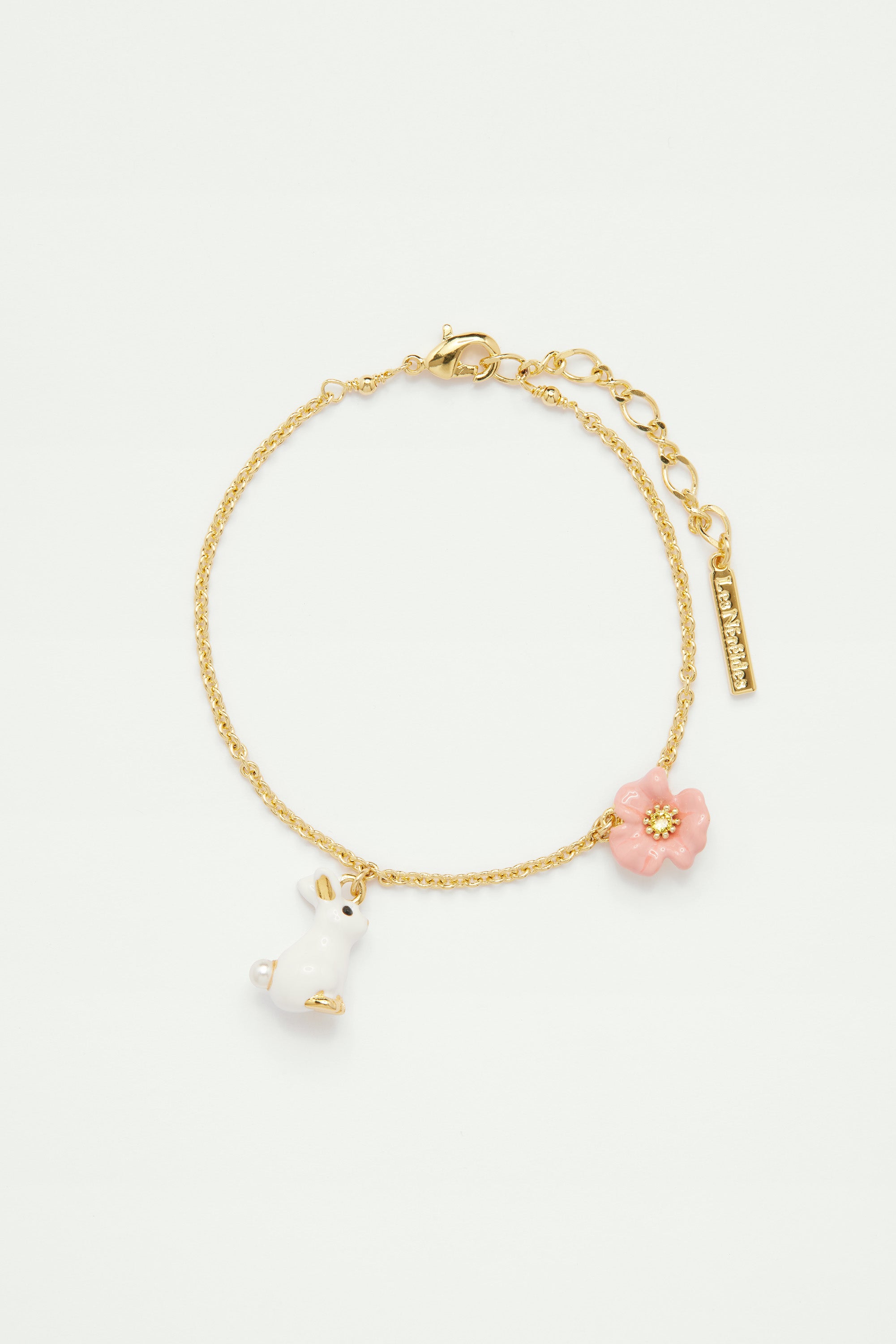 Bracelet fin à chaîne lapin et fleur rose