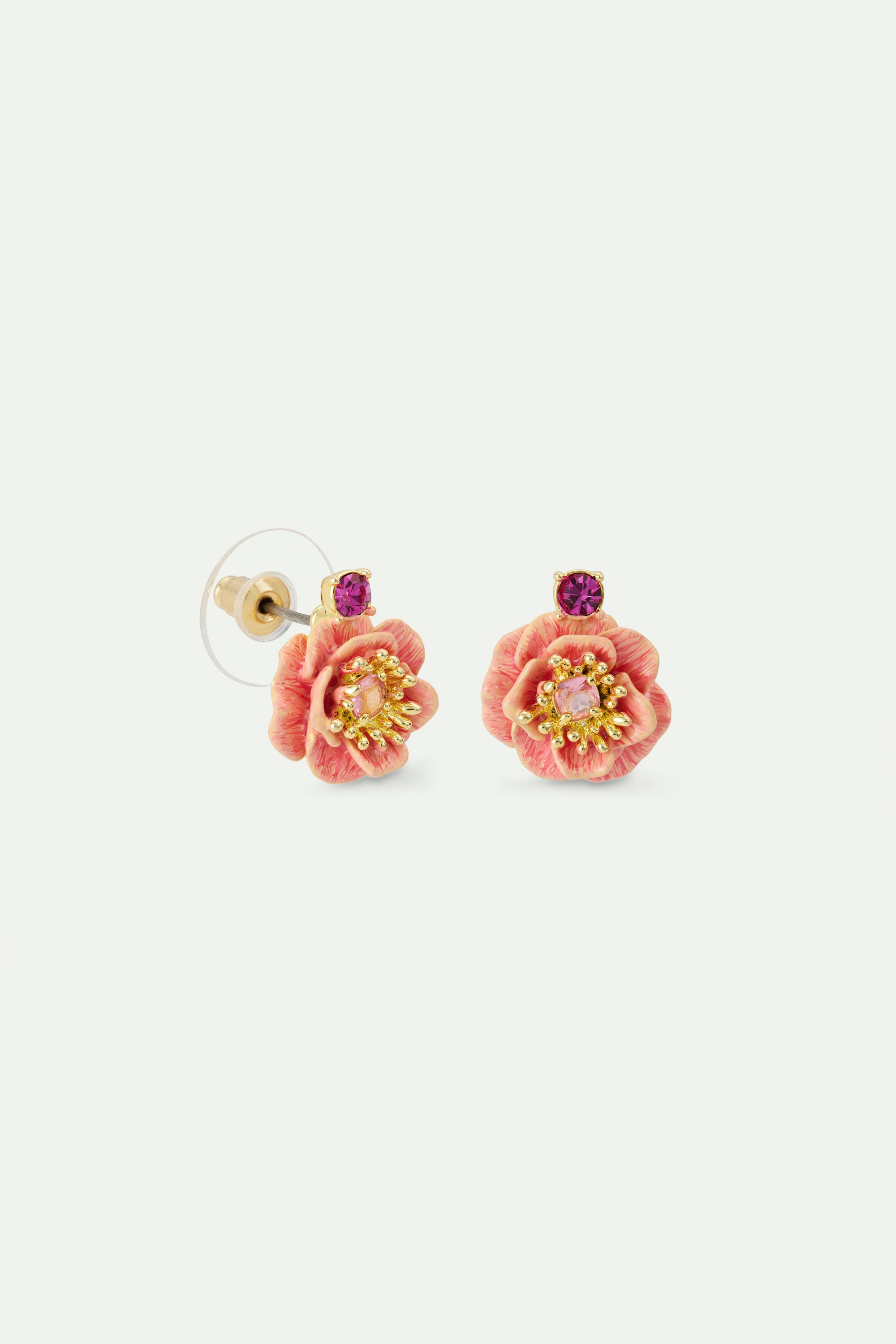 Boucles d'oreilles tiges anémone rose et cristal