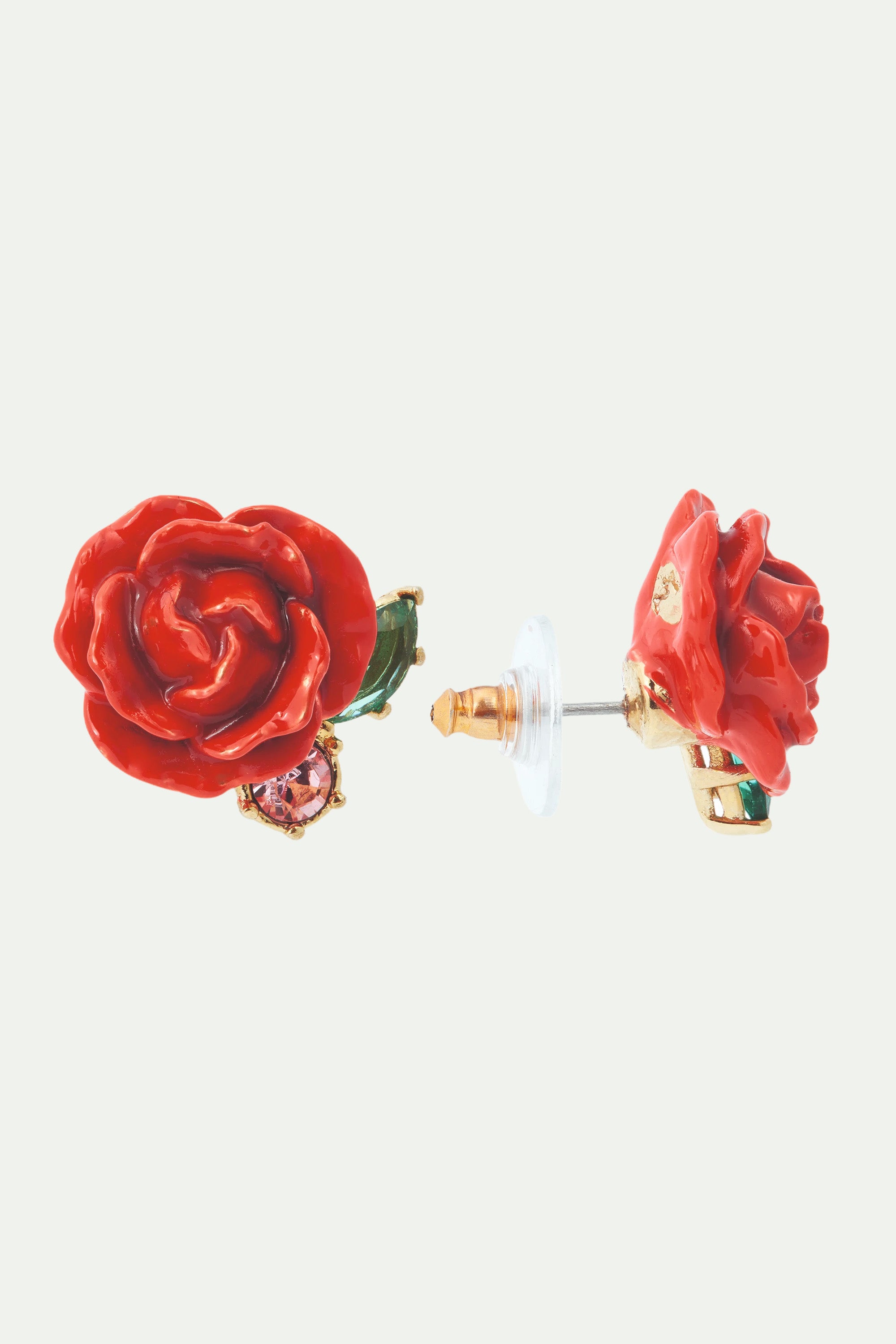 Red rose and pink crystal post earrings