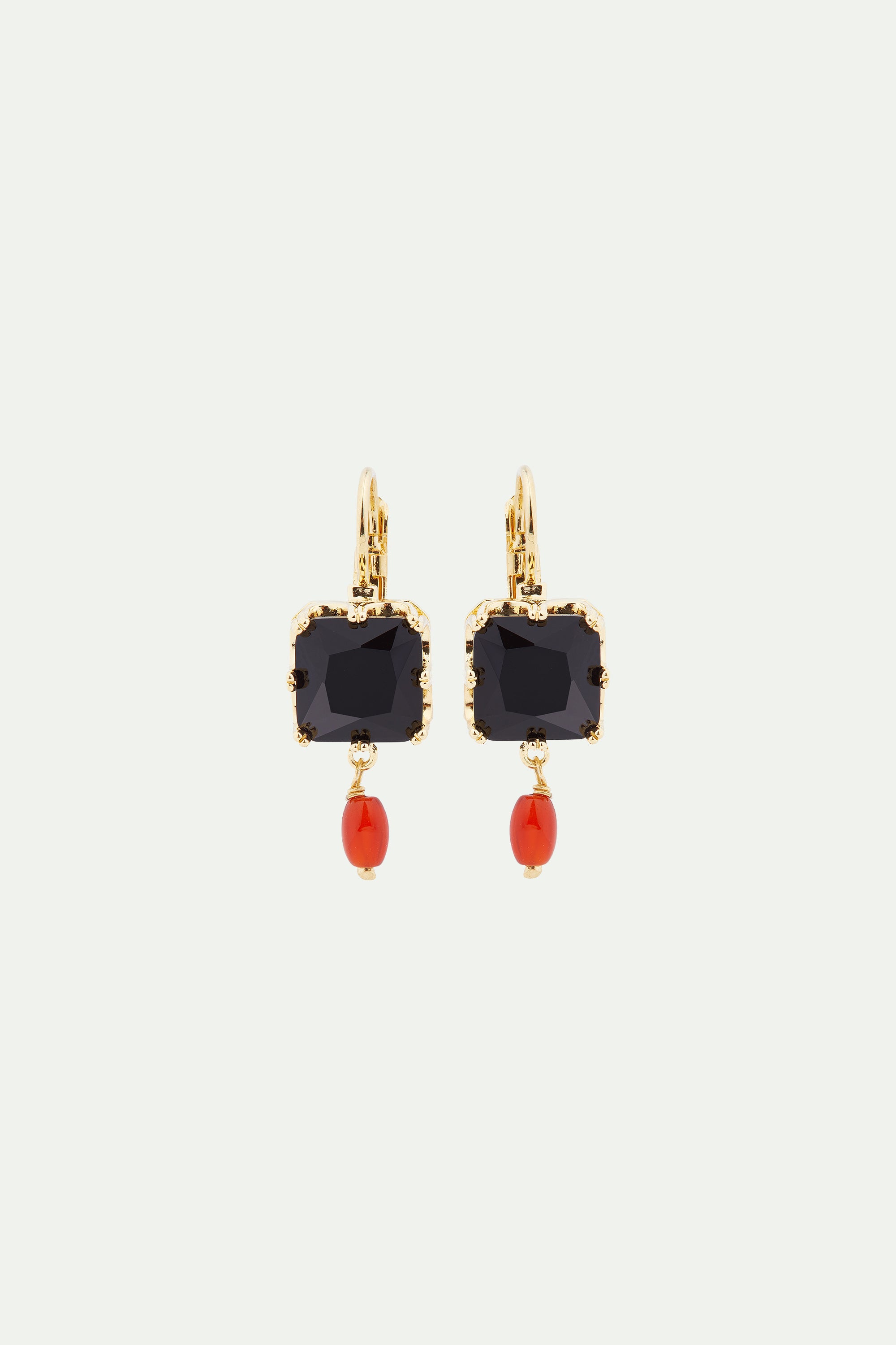 Black square stone and bead sleeper earrings
