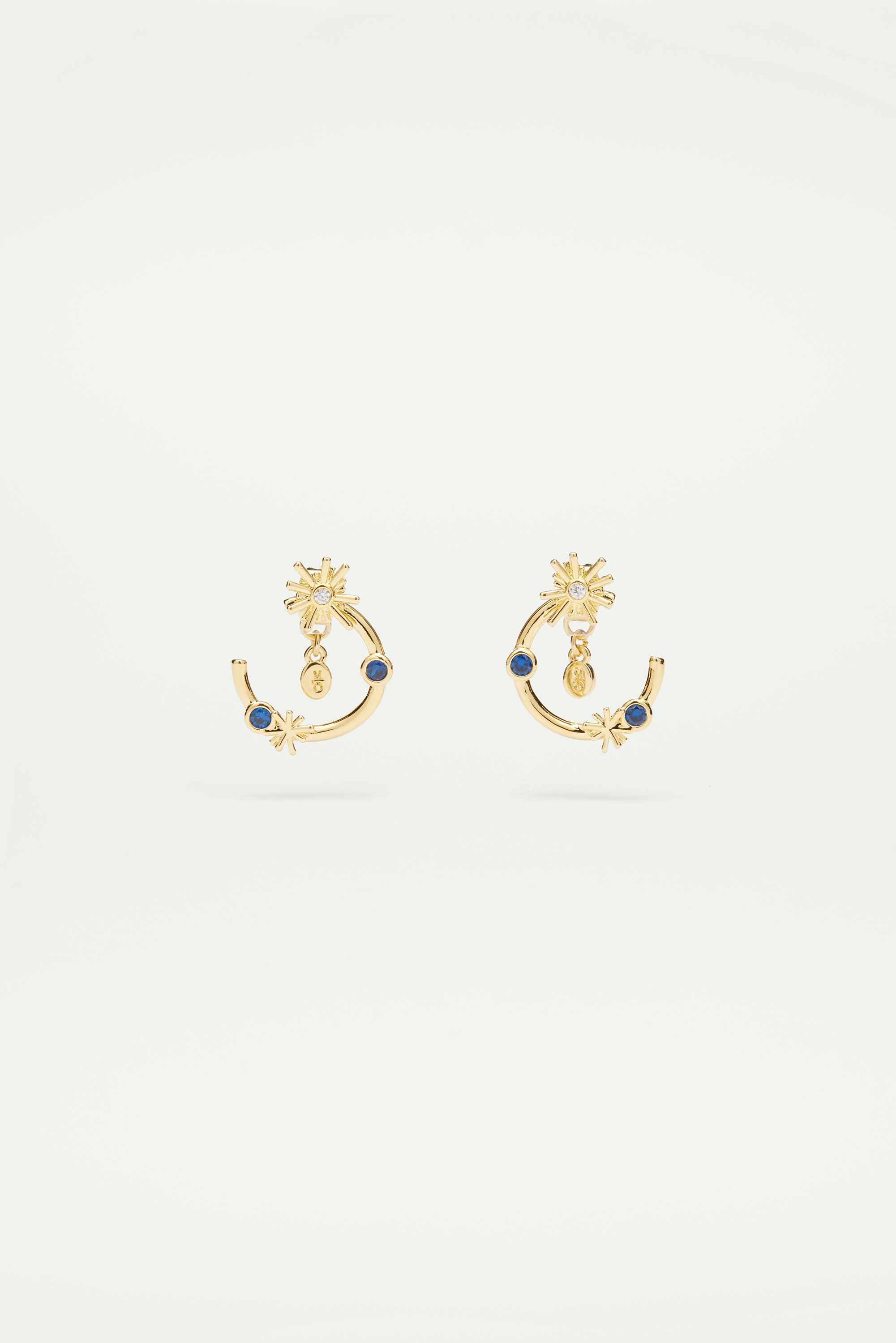 Boucles d'oreilles tiges créoles étoiles dorées et pierres bleu nuit