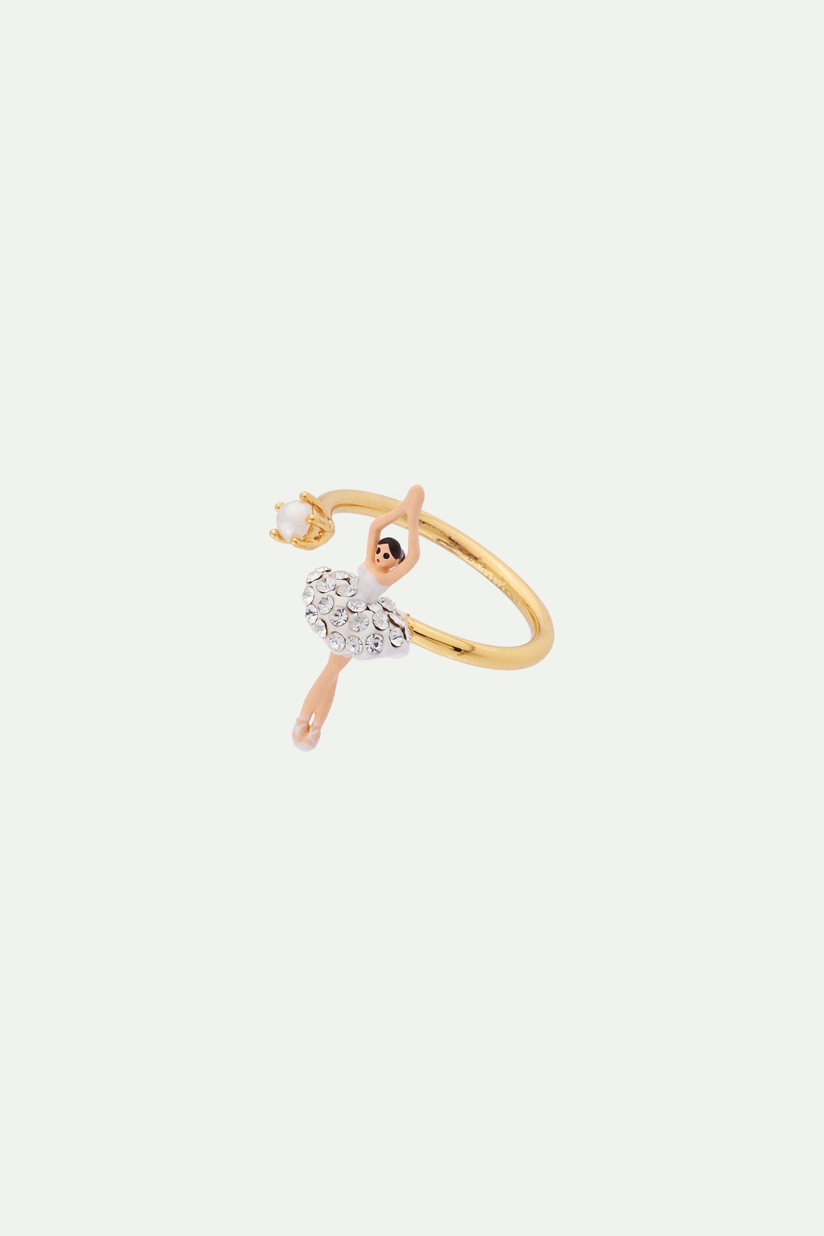 Bague ajustable mini ballerine blanche en strass et perle