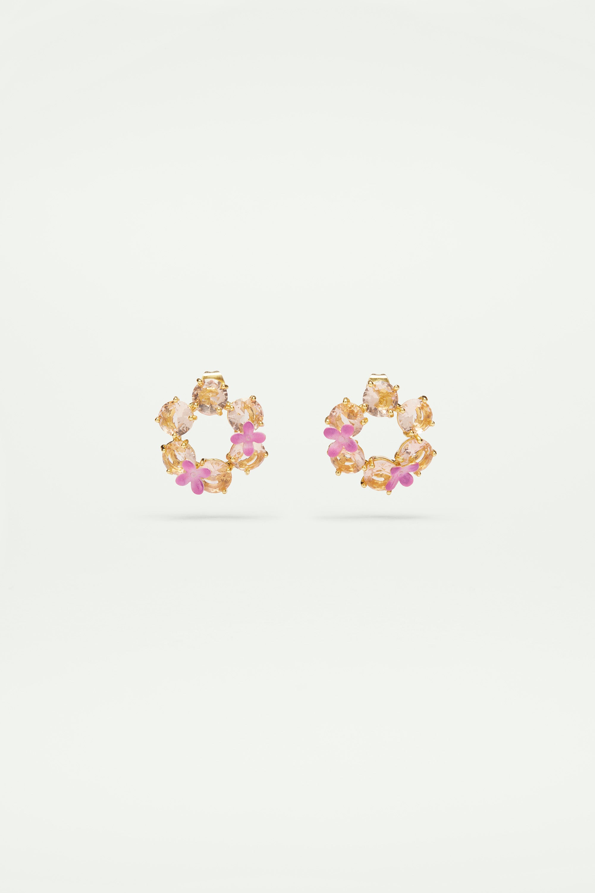 Boucles d'oreilles tiges fleurs et 6 pierres rondes la diamantine rose abricot