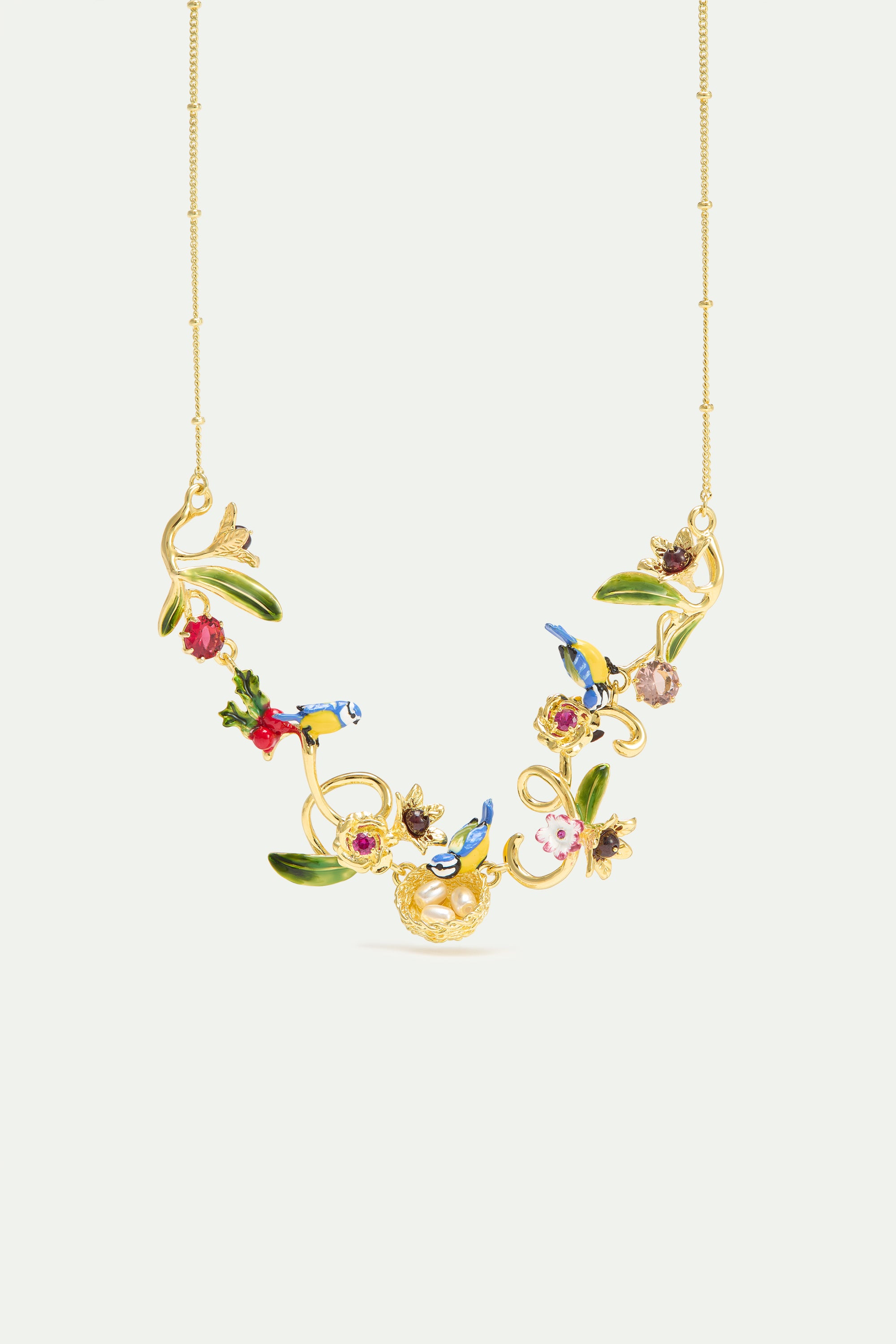 Collar nido dorado, carboneros, perlas y piedras rosas