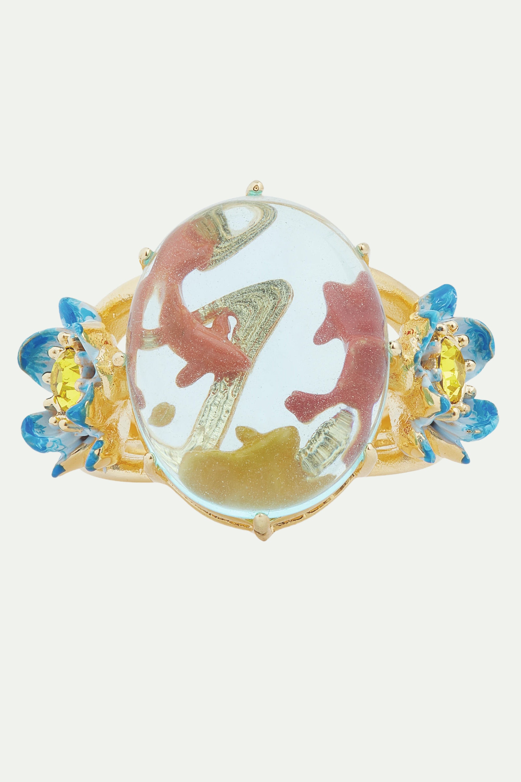 Glass oval, koi fish and blue lotus cocktail ring