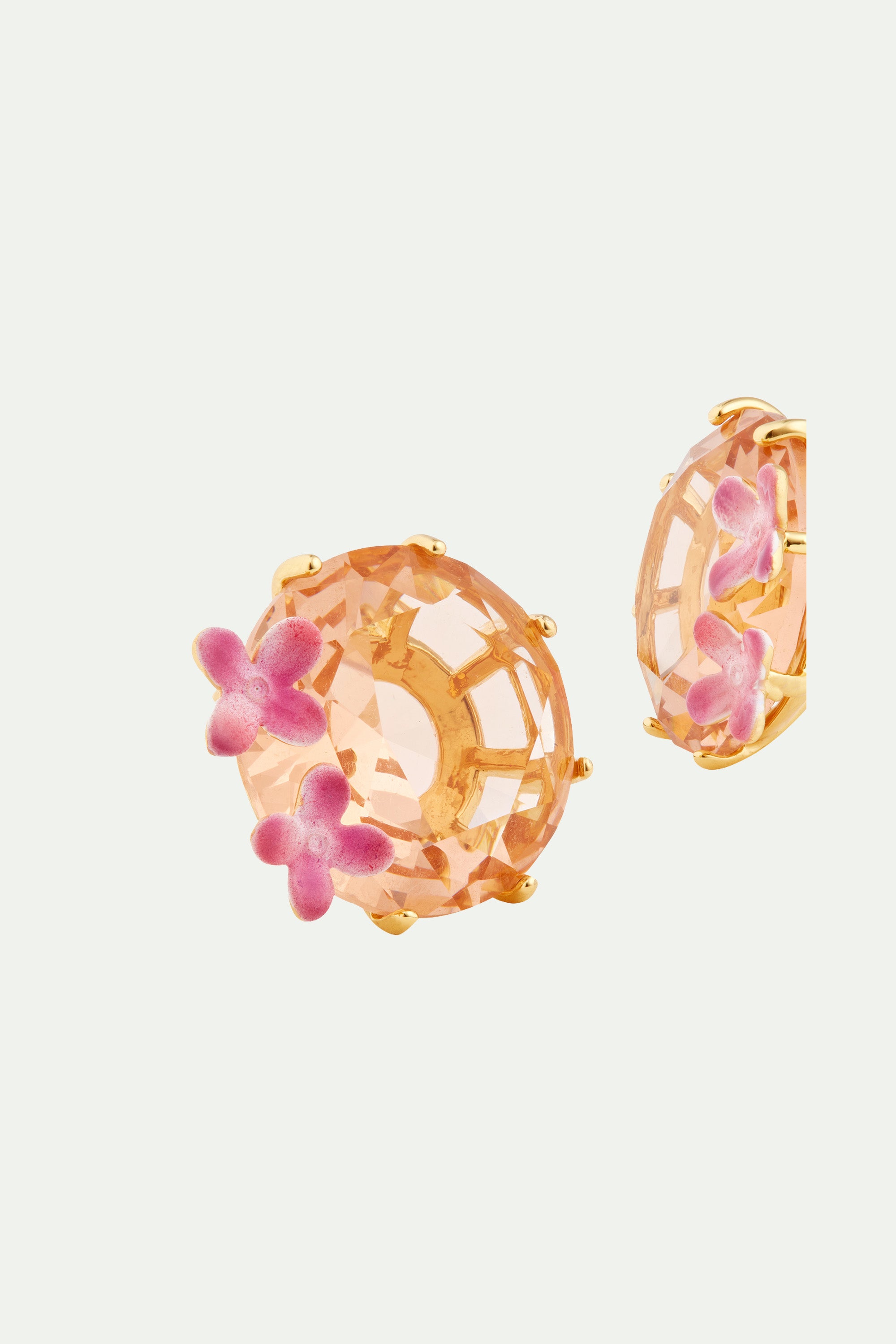 Apricot pink diamantine flower and round stone sleeper earrings