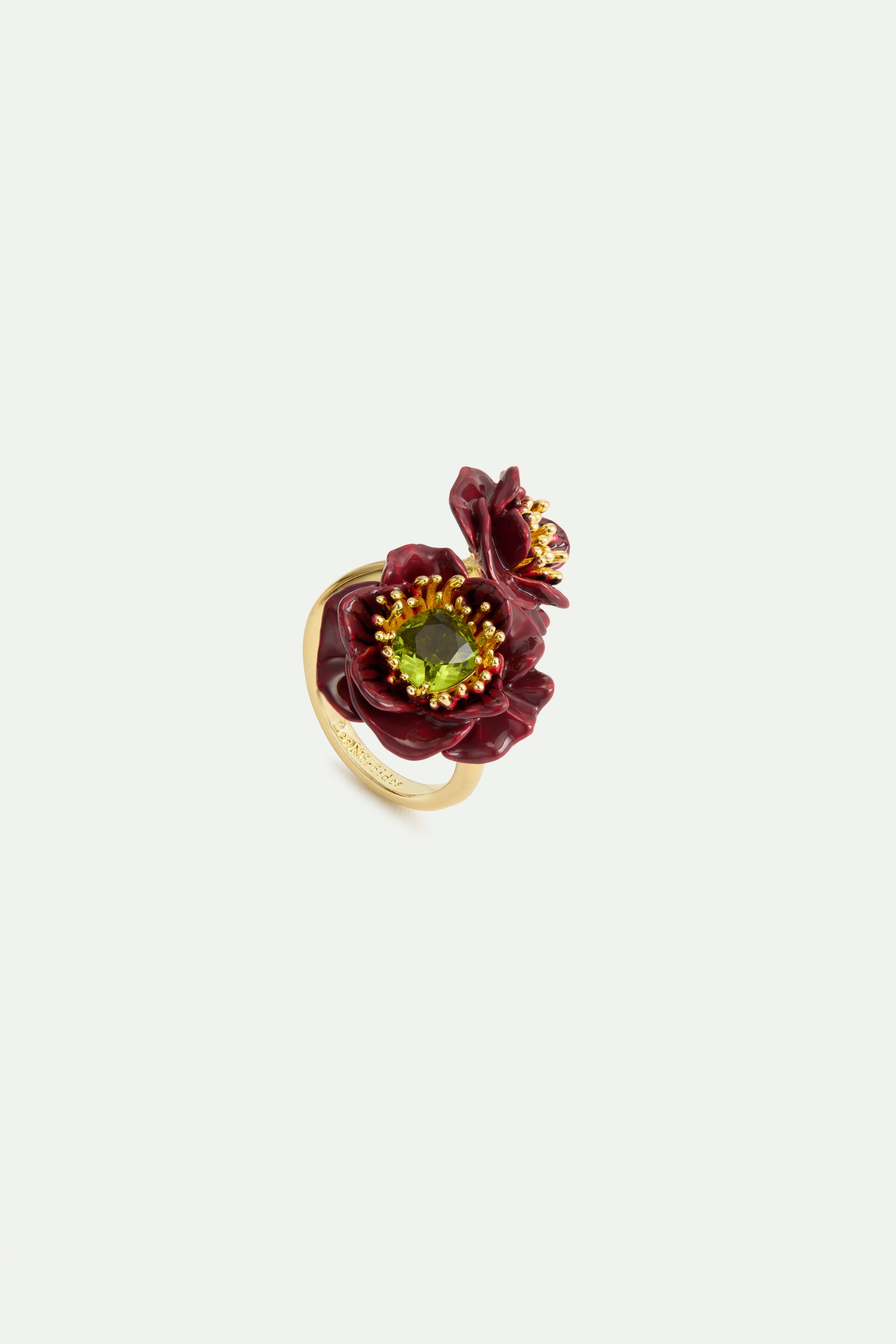 Bague ajustable fleurs d'anémone bordeaux et pierres facettées vertes
