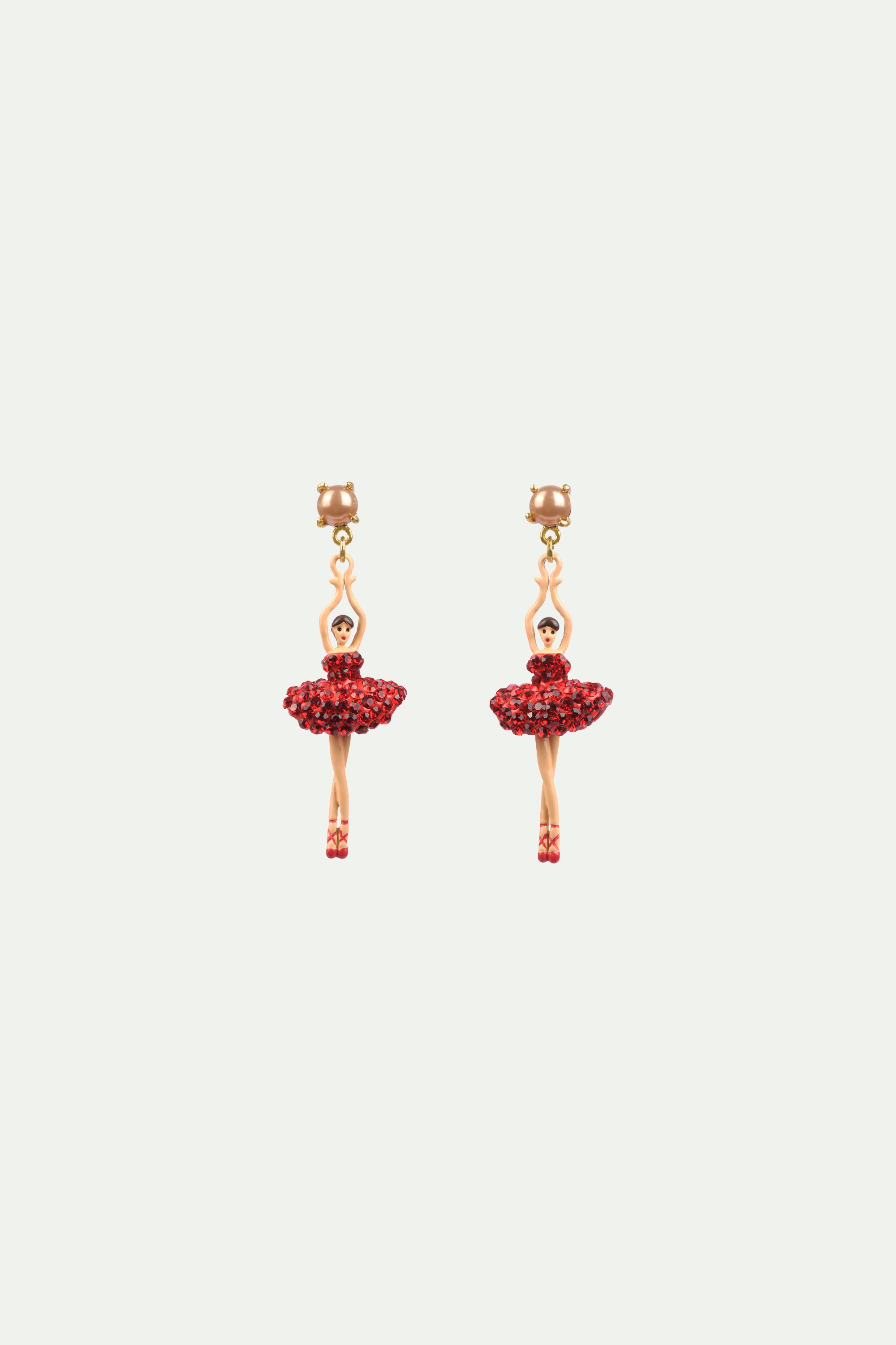 Clip on earrings toe-dancing ballerina with tutu paved with red rhinestones