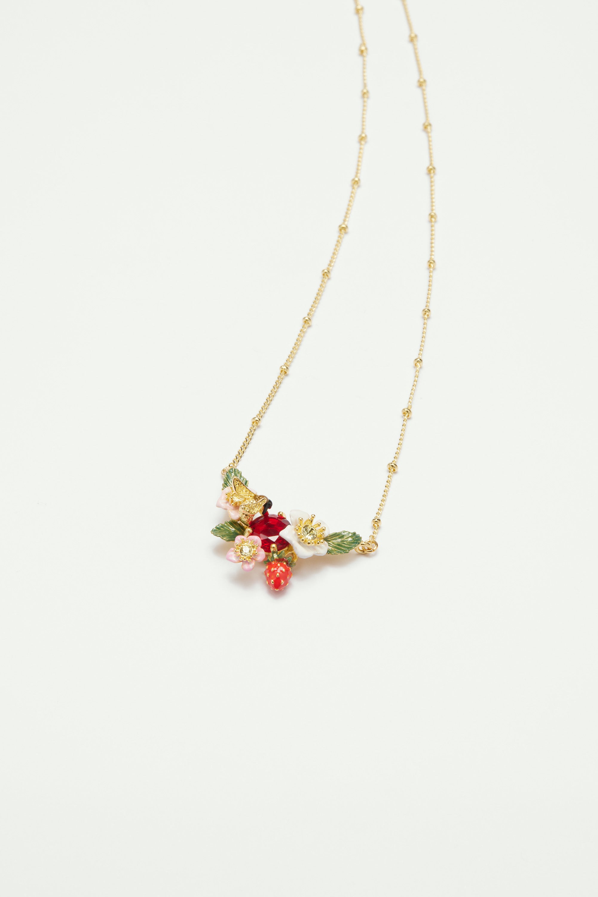 Wild strawberry, strawberry flower and bumblebee statement necklace