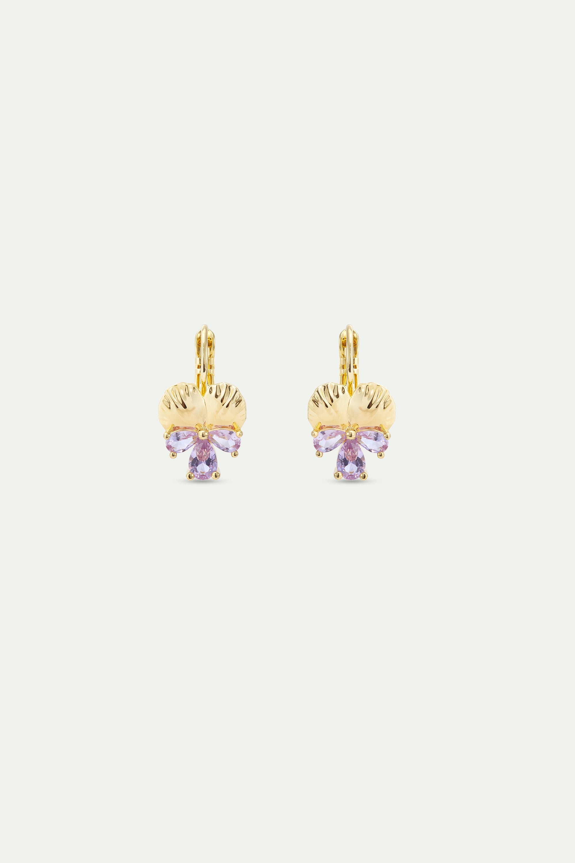 Gold sleeper earrings with pansies and pink stones