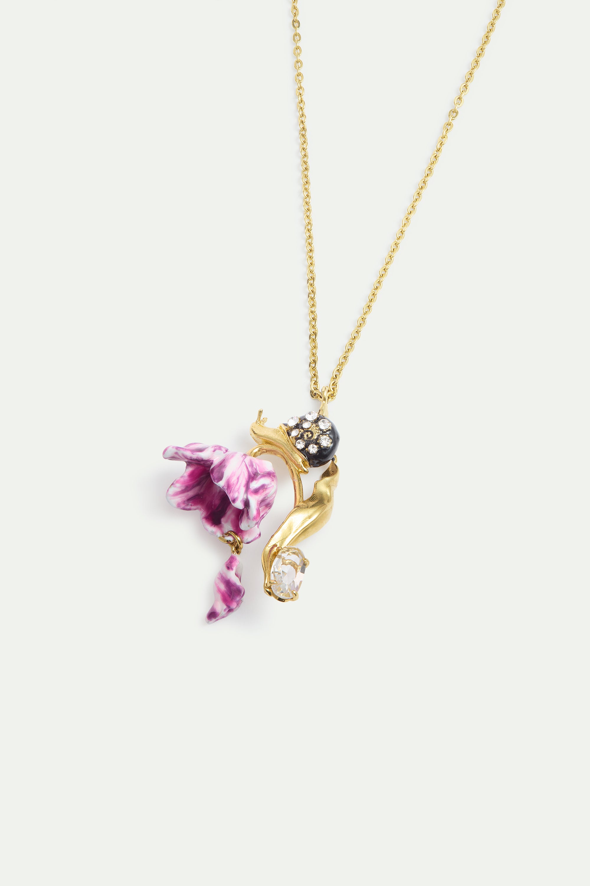 Collier pendentif tulipe violette, escargot et cristal