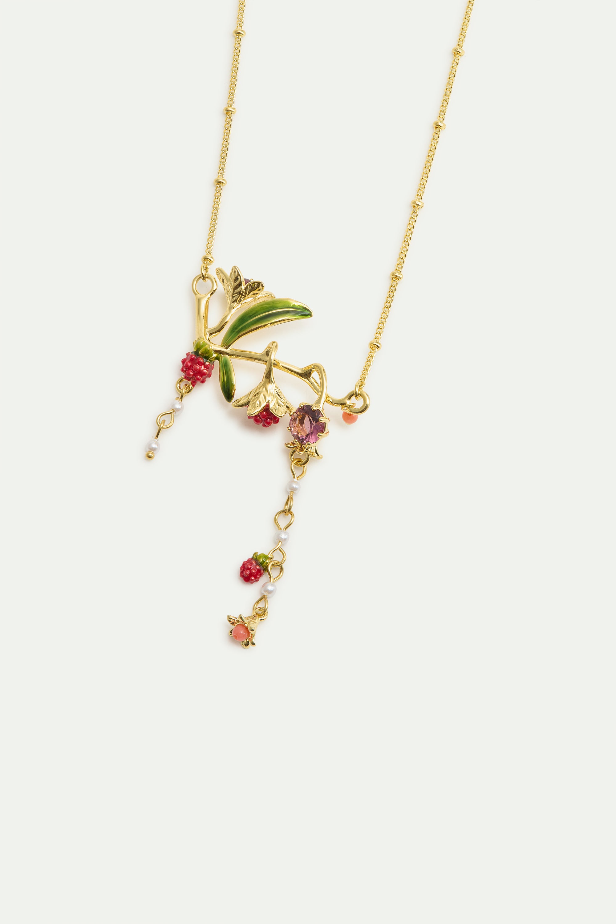 Collier plastron fleurs, framboises, pierre rose et perles